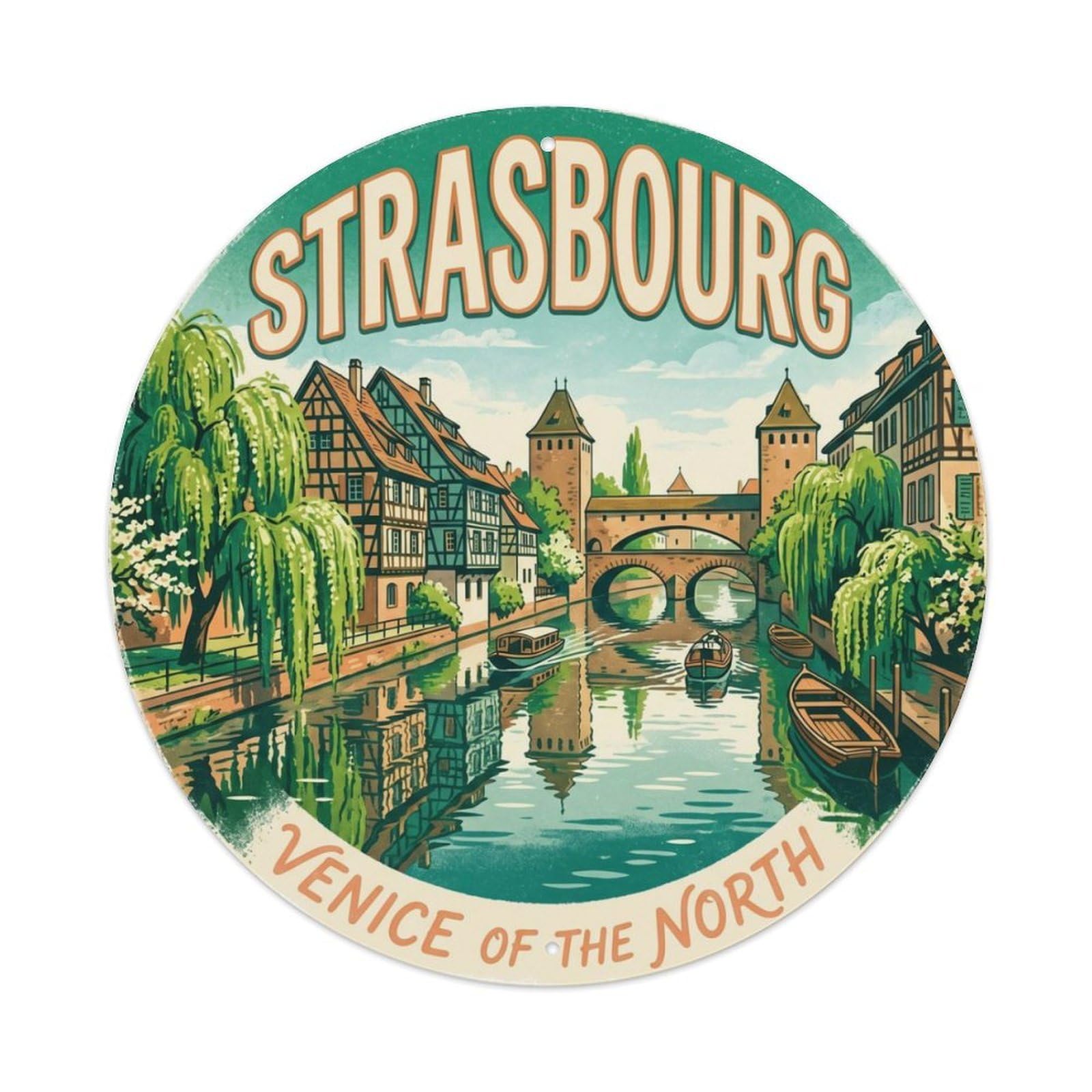 Vintage Travel Strasbourg France Canals Metal Tin Sign Plaque Wall Decor for Cafe, Club Bar, Office, Home Garden Round Metal Poster 8x8Inch