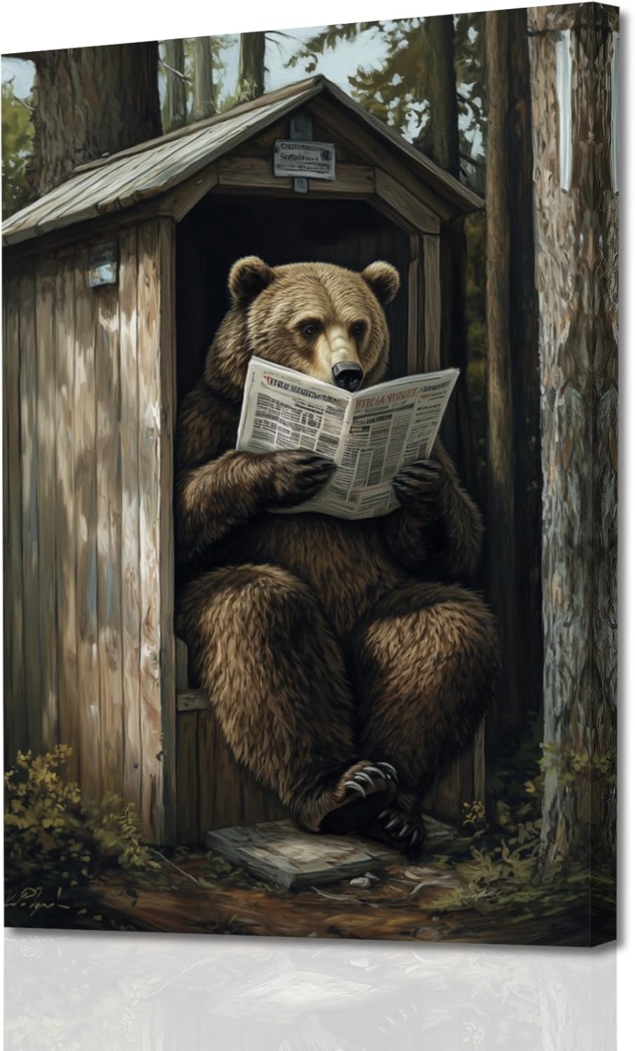 AWPANERAR Bear Canvas Wall Art Bear Reading Newspaper in Outhouse Toilet in Forest Picture Prints Forest Wildlife Painting Farmhouse Cabin Bathroom Decor Framed (24L x 16W)