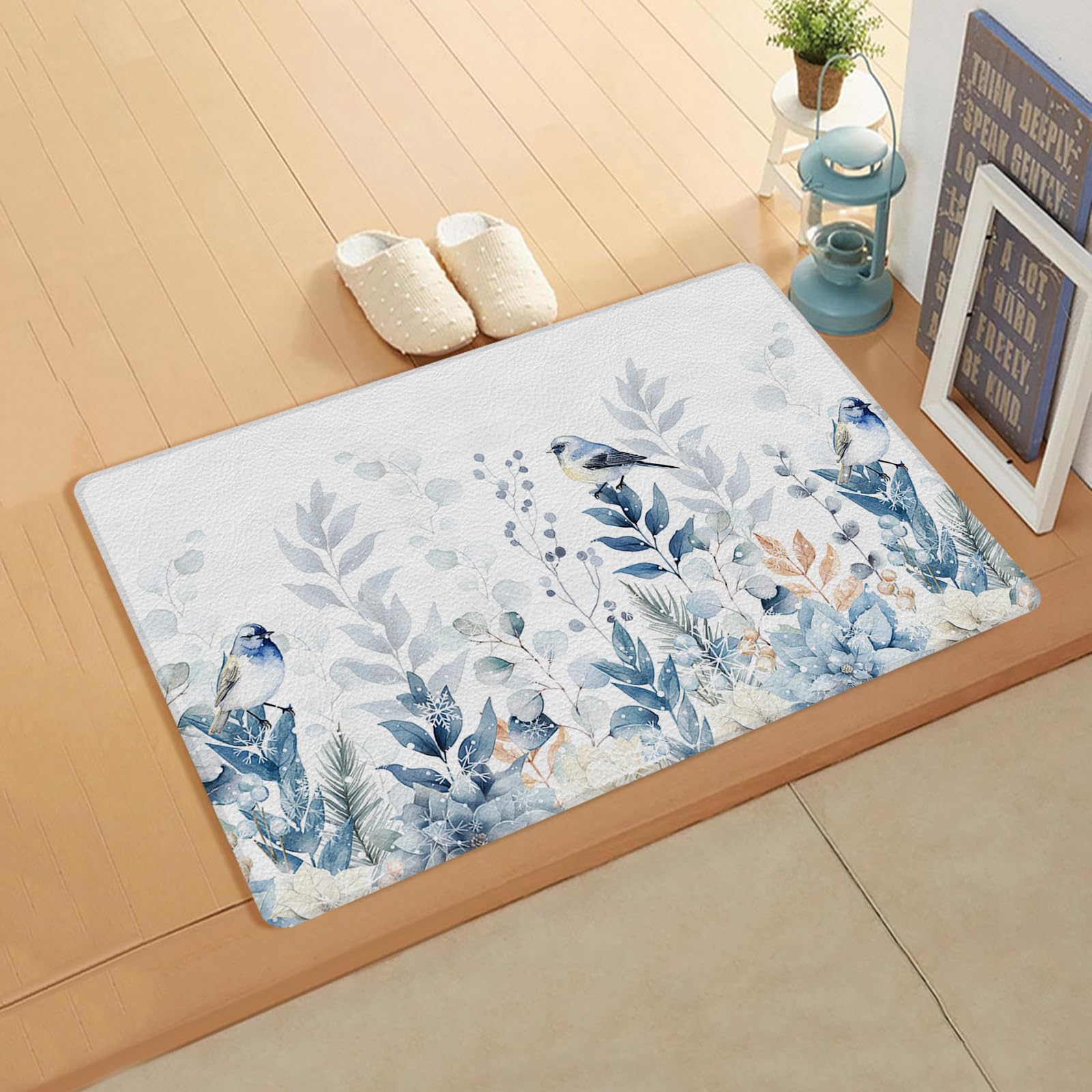 Jolunifun Christmas Kitchen Bath Door Mat Cushioned Runner Rug,Washable Welcome Floor Sink Antifatigue Mat,Waterproof & Non-Slip Comfort Standing Doormat,Winter Blue Eucalyptus Leaves Berries 18