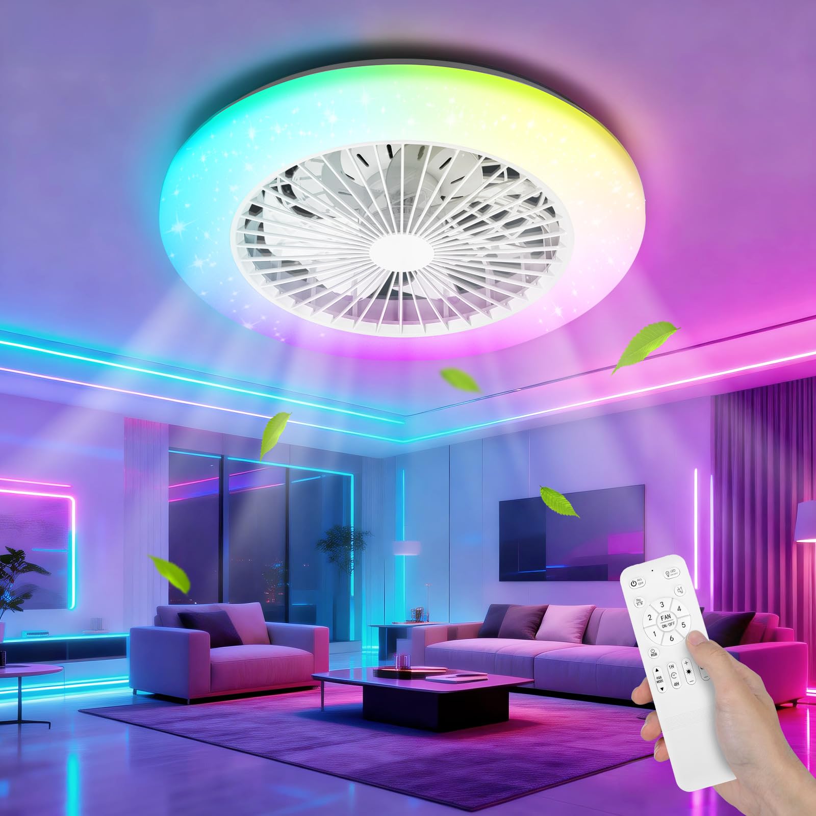 Aigostar Ventilador de Techo con Luz y Mando, Plafón LED 40W RGB+CCT Regulable, Motor Silencioso, 7 Aspas, Temporizador, 19.5" Blanco