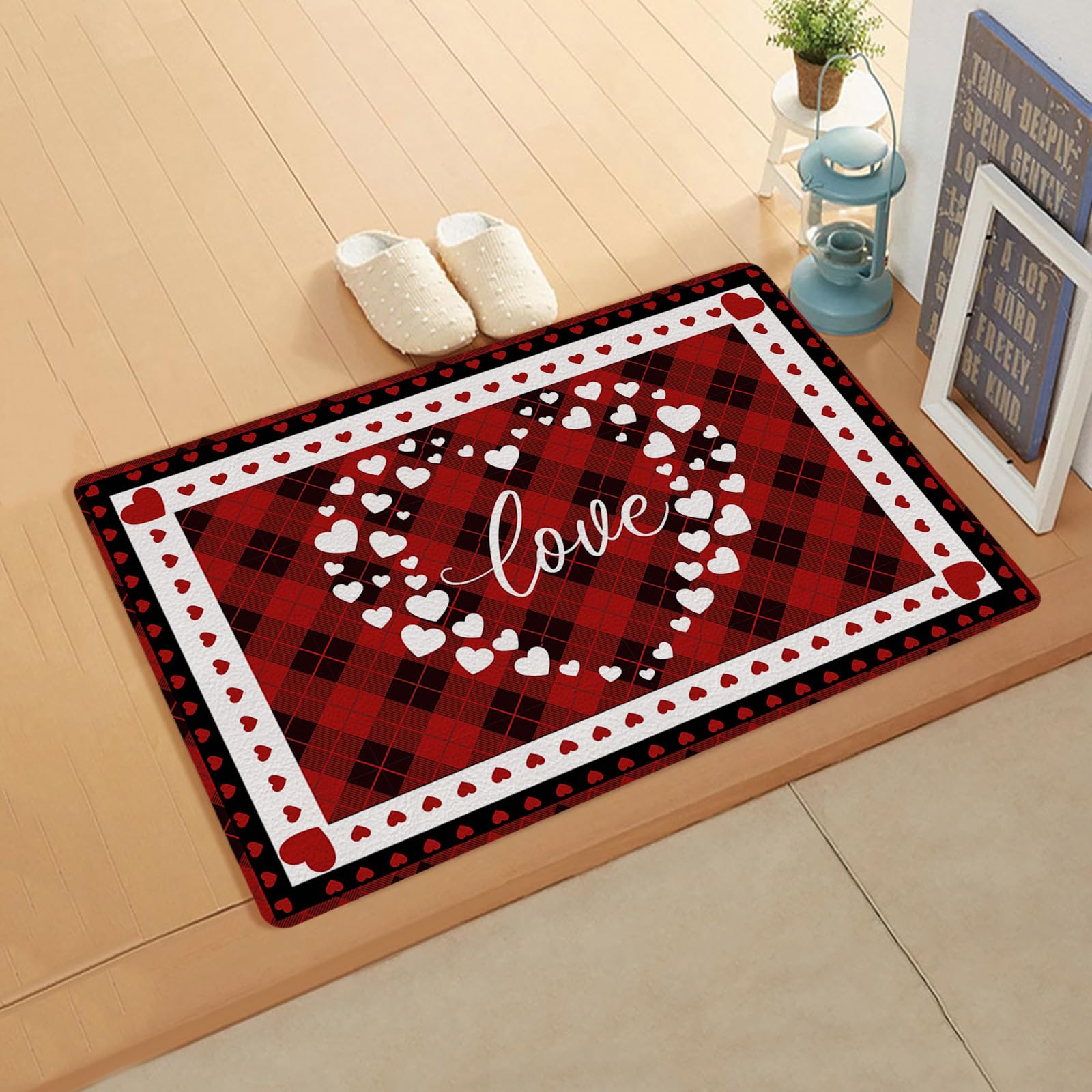 Valentine's Love Kitchen Bath Door Mat Cushioned Runner Rug,Washable Welcome Floor Sink Antifatigue Mat,Waterproof & Non-Slip Comfort Standing Doormat,Red Black Buffalo Plaid Heart Holiday 18