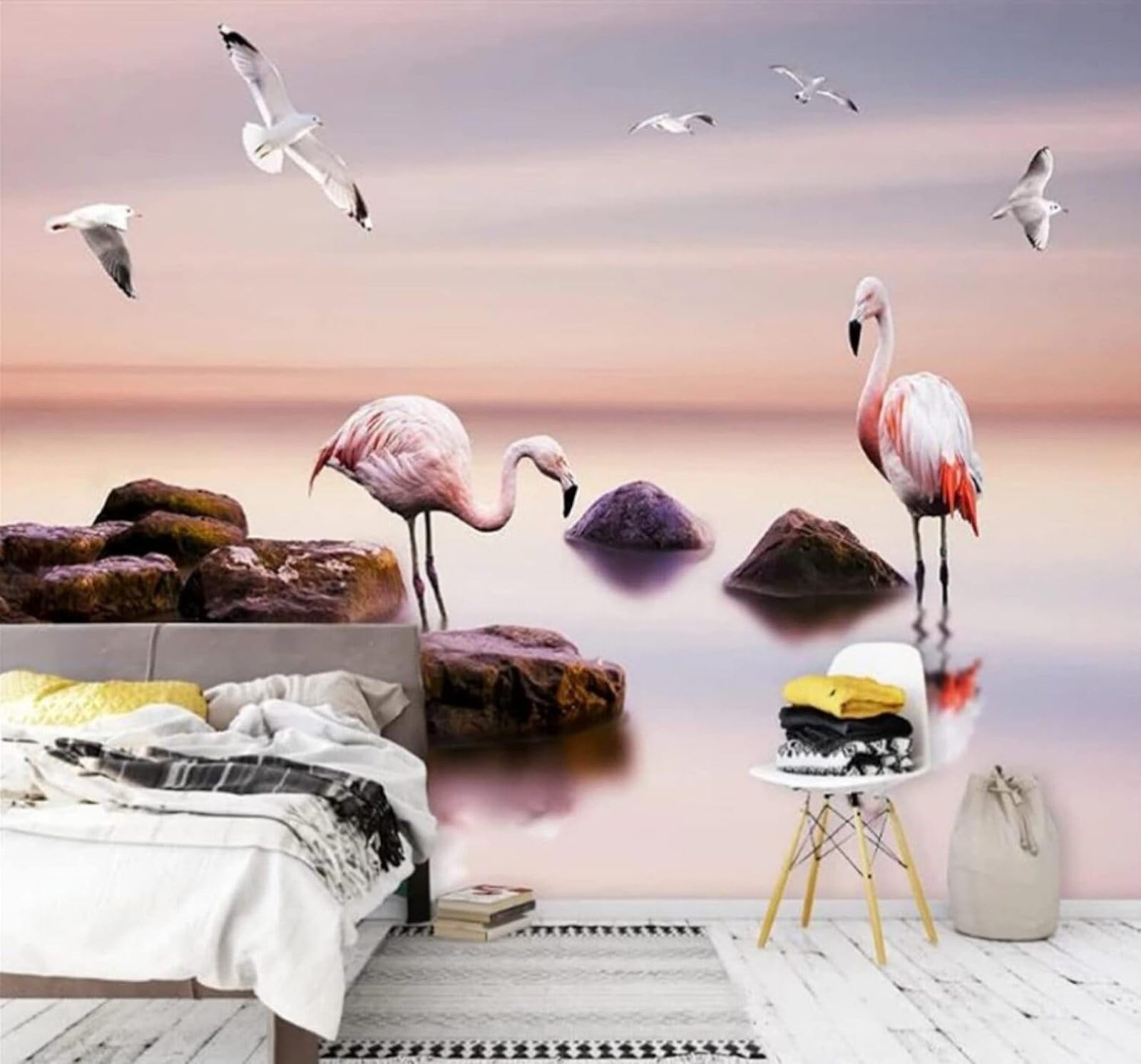 Wallpaper-3D-Xlm 200Cm×140Cm(B×H) Ethereal Pink Lake Flamingos Scenery 3D Wallpaper Easy Install Feature Office Living Room Sofa Bedroom Tv Background Wall Decoration-200Cm×140Cm