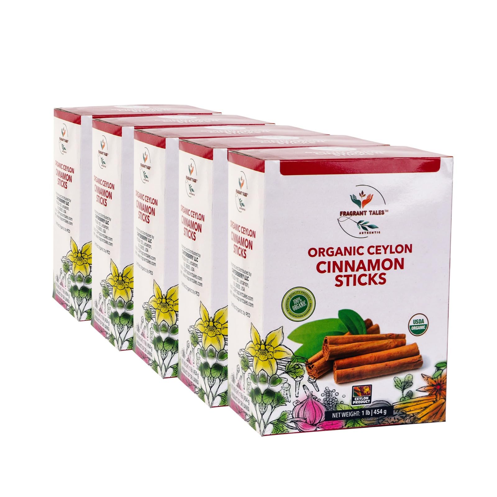 Premium Organic Ceylon Cinnamon Sticks - 1 LB (454g) - 5 Packs, True Ceylon, USDA Certified, Non-GMO, Gluten-Free, Pure Sri Lankan Cinnamon for Cooking & Baking