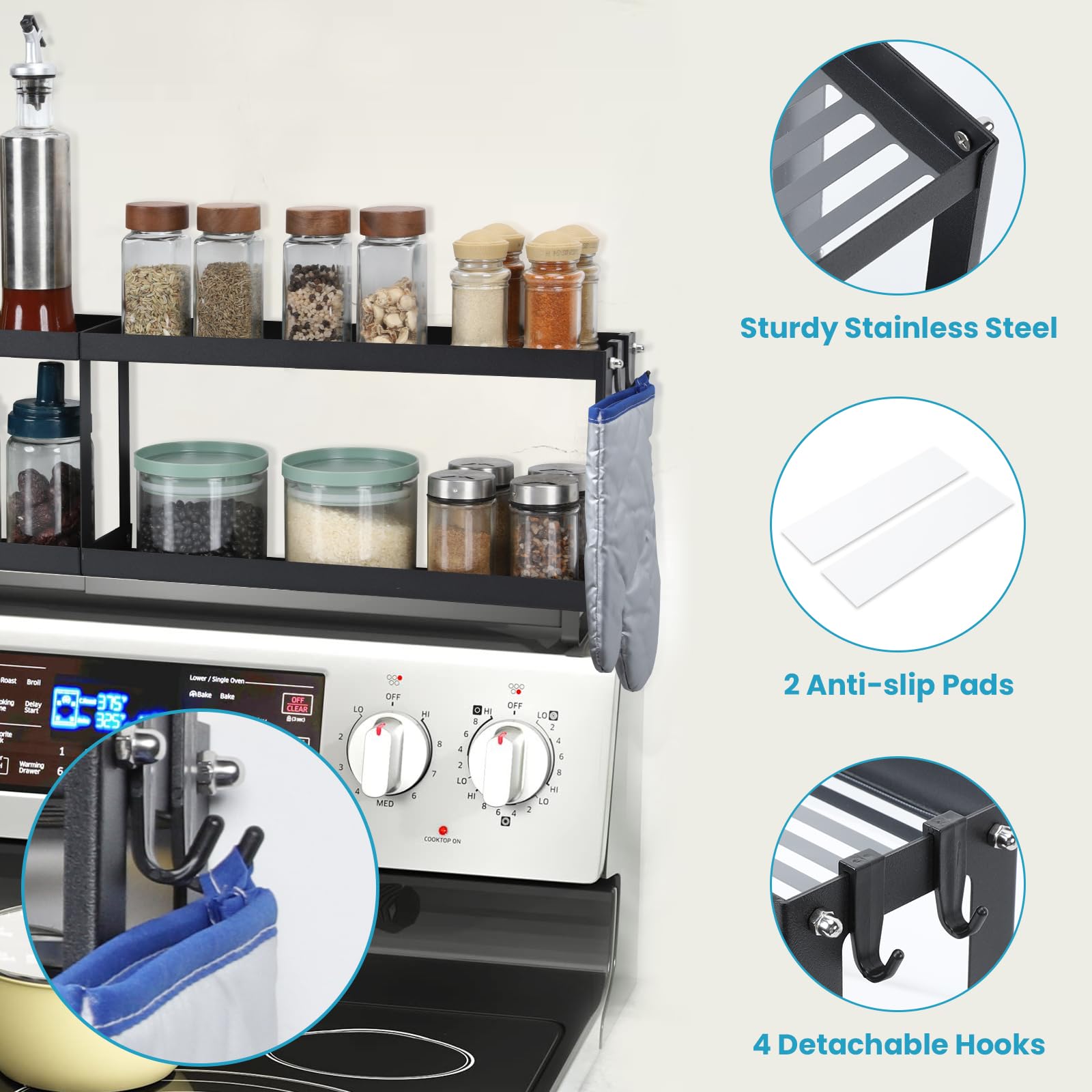 OTraki Étagère à épices magnétique à 2 niveaux pour cuisinière avec 2 tapis antidérapants - Organiseur d'assaisonnement au-dessus de la cuisinière avec 4 crochets - Étagère magnétique pour