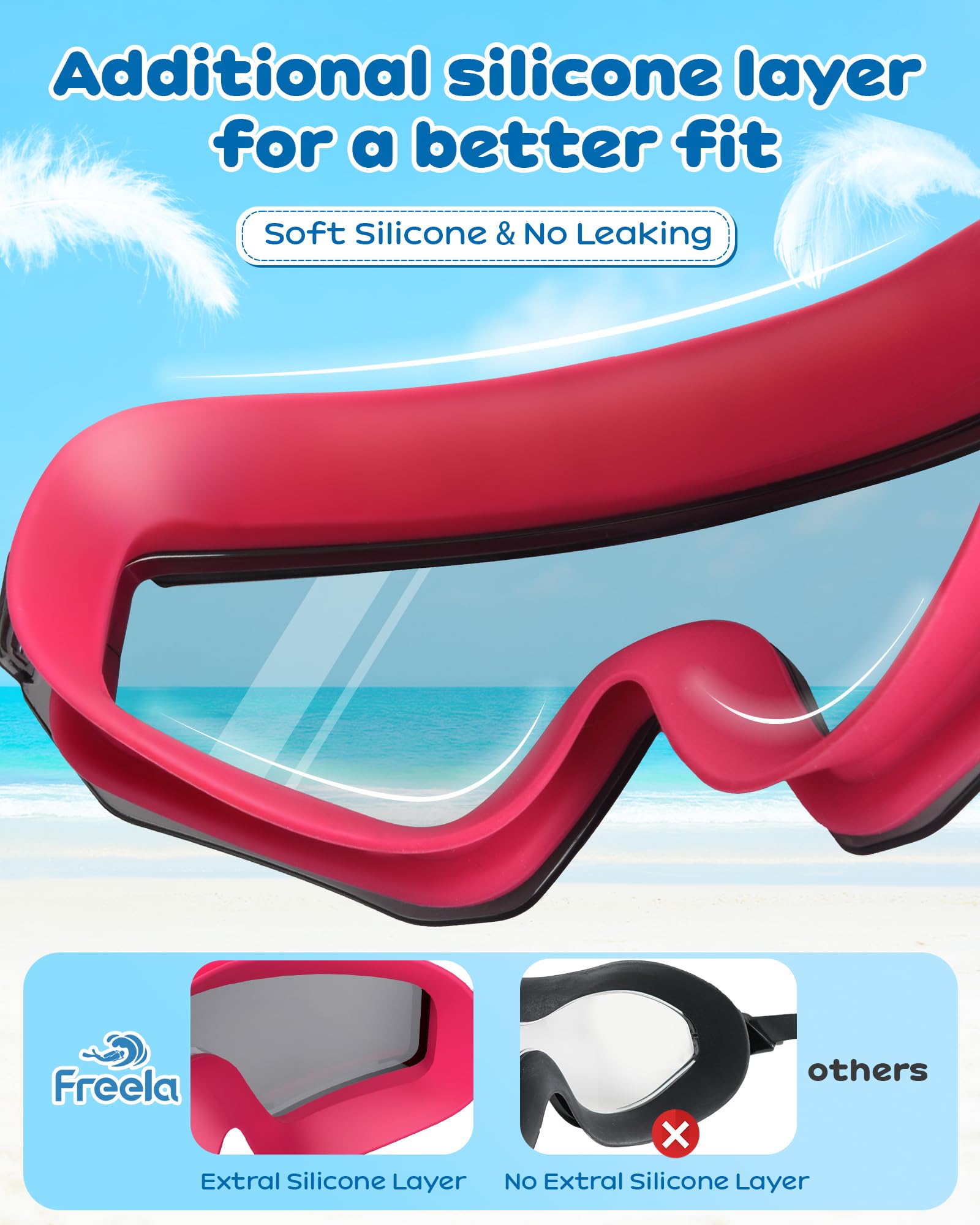 Freela Kinder-Schwimmbrille für Kinder von 8–16, Anti-Beschlag, UV-Schutz, extra Silikonschicht, Schwimmbrille für Jugendliche, Jungen, Mädchen, 2 Stück
