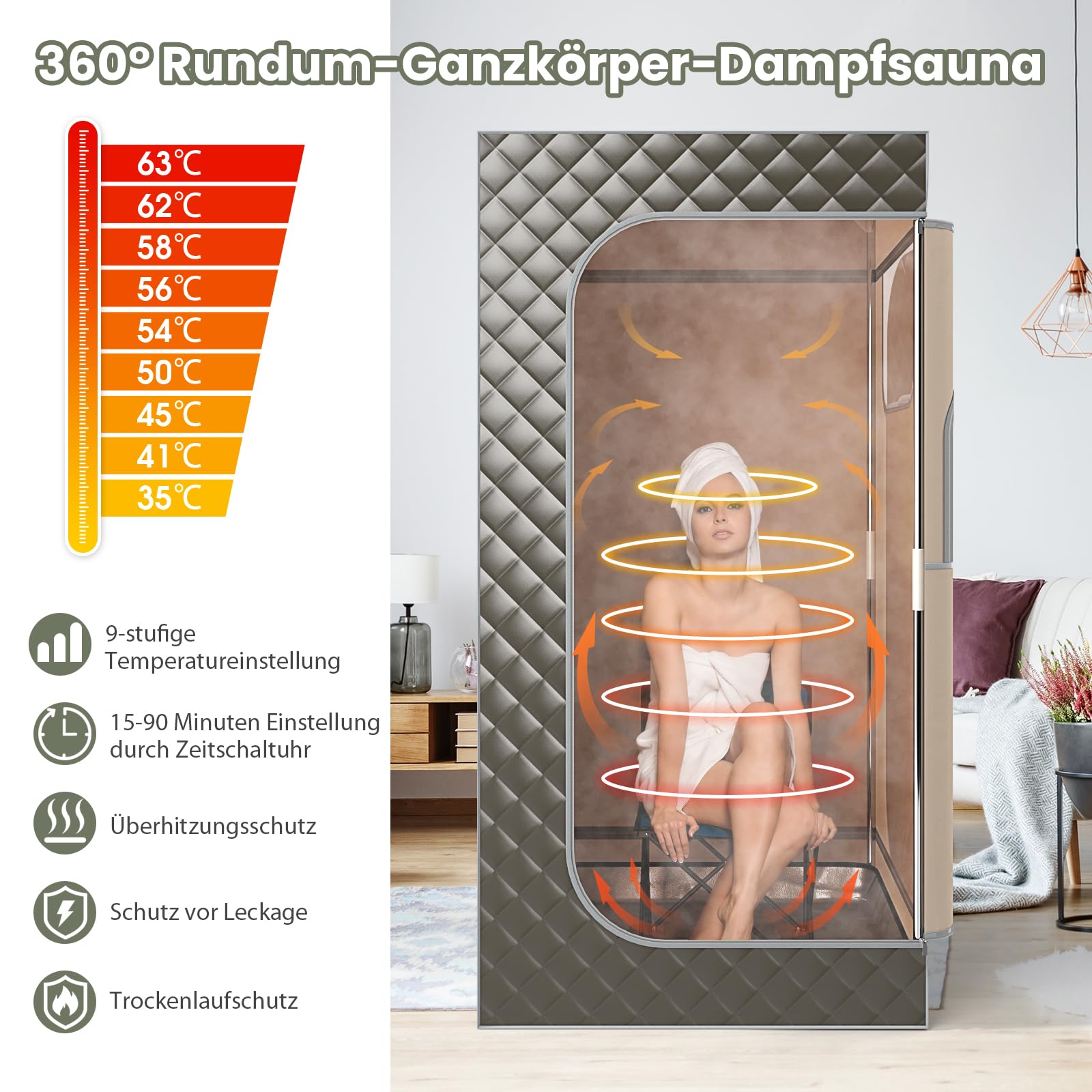 RELAX4LIFE Sauna Portátil 3L con Mando a Distancia y Silla Plegable, Sauna de Vapor con 9 Niveles de Temperatura, Temporizador 15-90 Min y Función de Nebulización, Mini Sauna 1000W (Gris)