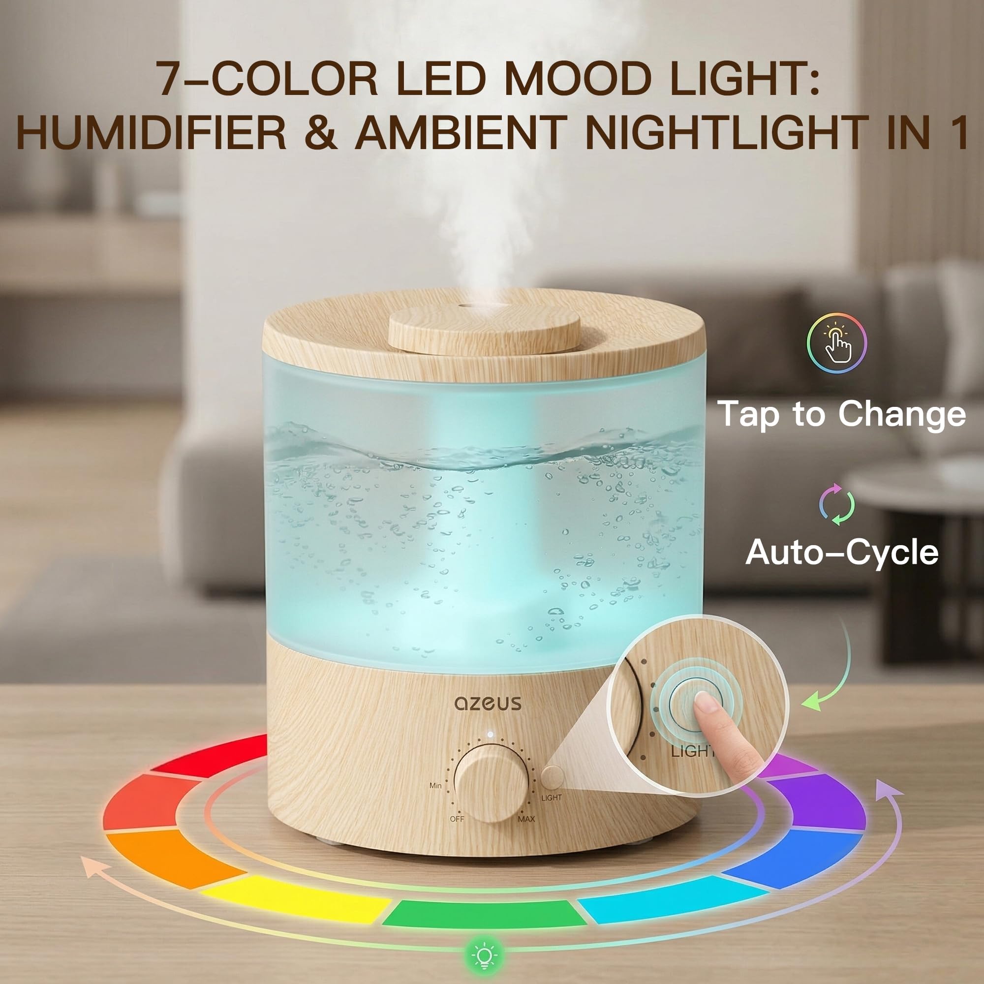 AZEUS SK7620 - Umidificatore ad ultrasuoni da 1,5 litri, luce notturna a 7 colori, umidificatore a nebbia fredda con potenza regolabile, funzionamento silenzioso e spegnimento automatico per casa e