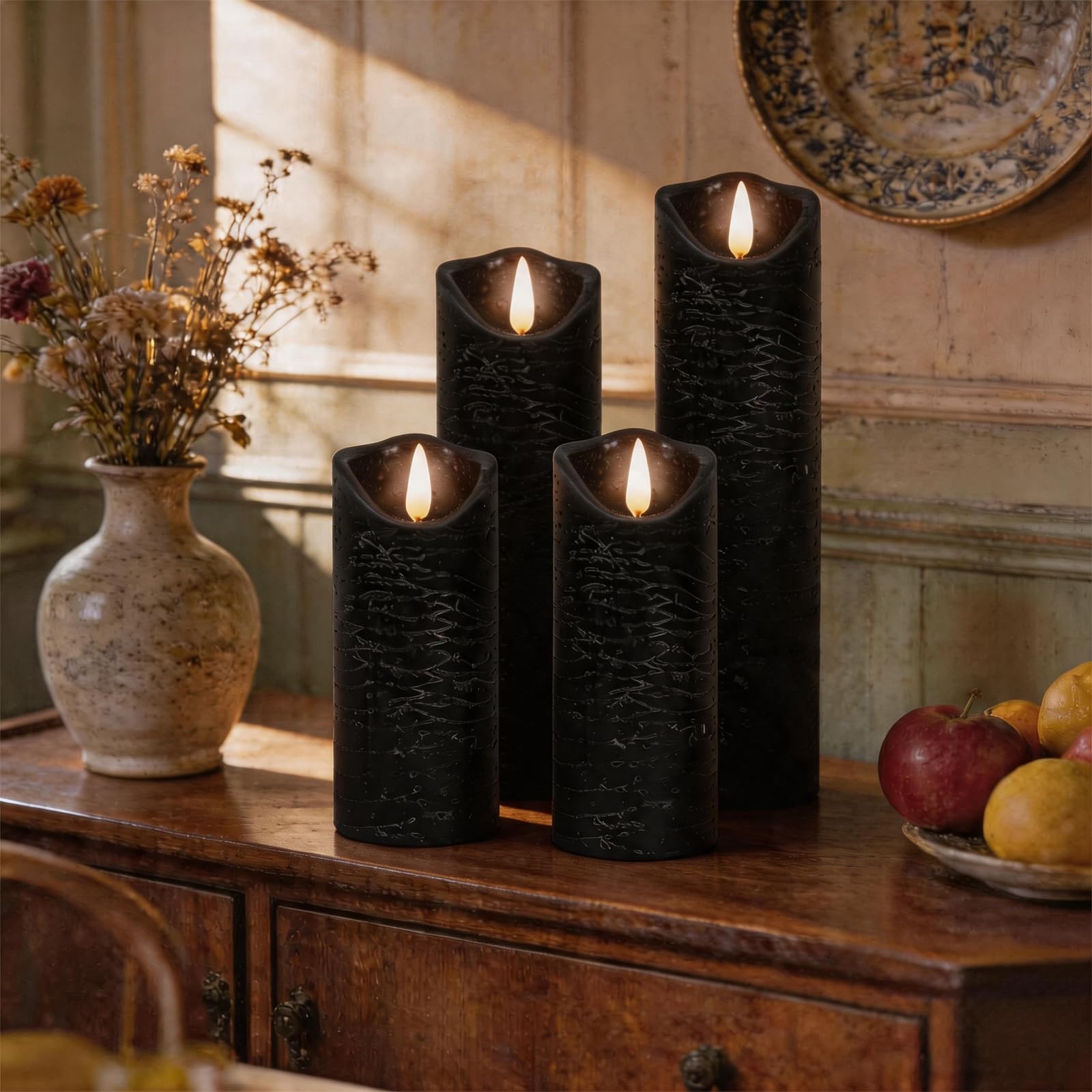 Candele LED, [Set di 5] Candele a Colonna in Vera Cera, Candela a Batteria a LED Senza Fiamma, con Telecomando a 10 Ttasti e Funzione Timer - Nero