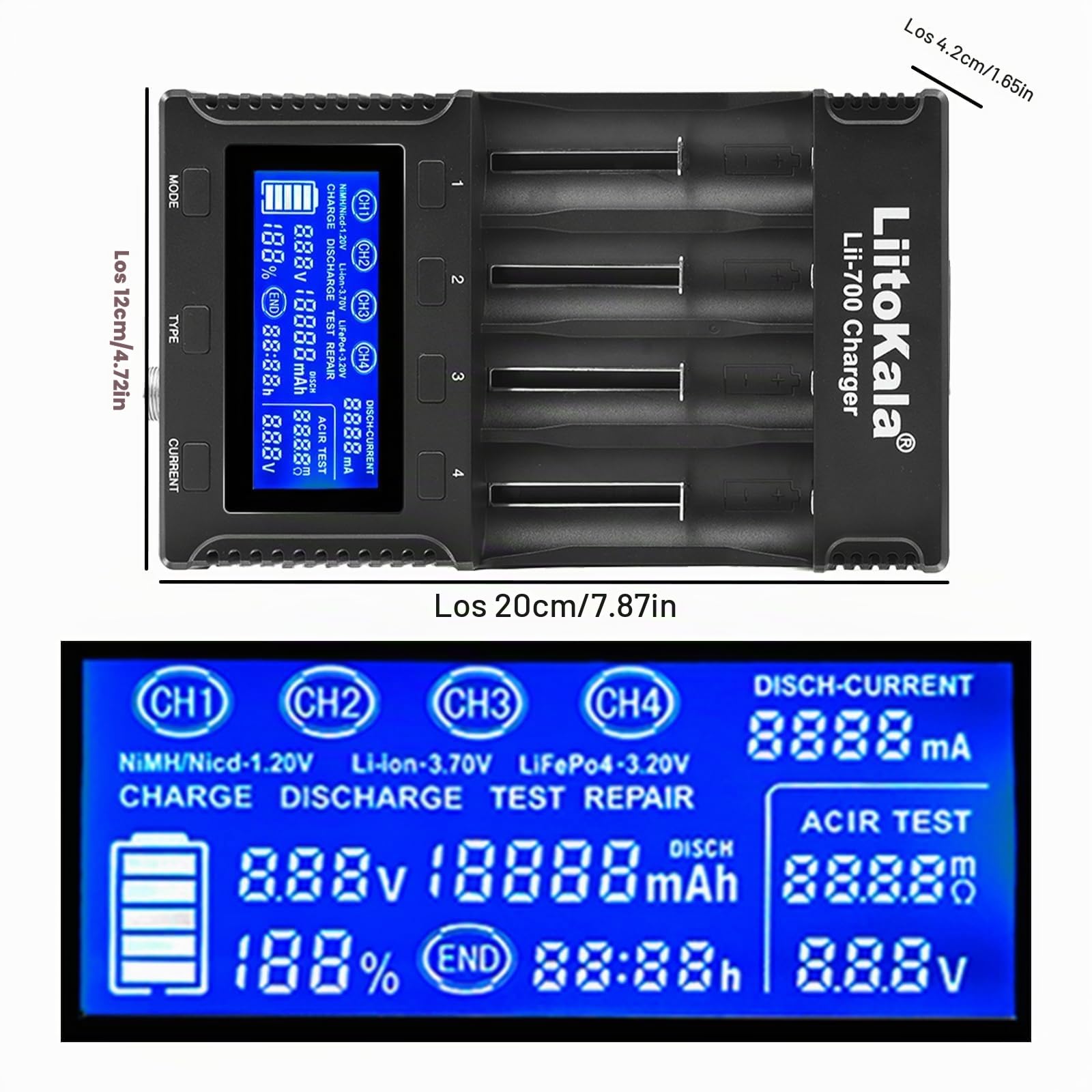 Cargador Inteligente Liitokala Lii-700 para batería de Ion de Litio, Prueba de Resistencia Interna, detección de Capacidad y Modo de reparación con Adaptador de 12 V 5 A 32700/26700/26650 AA y AAA