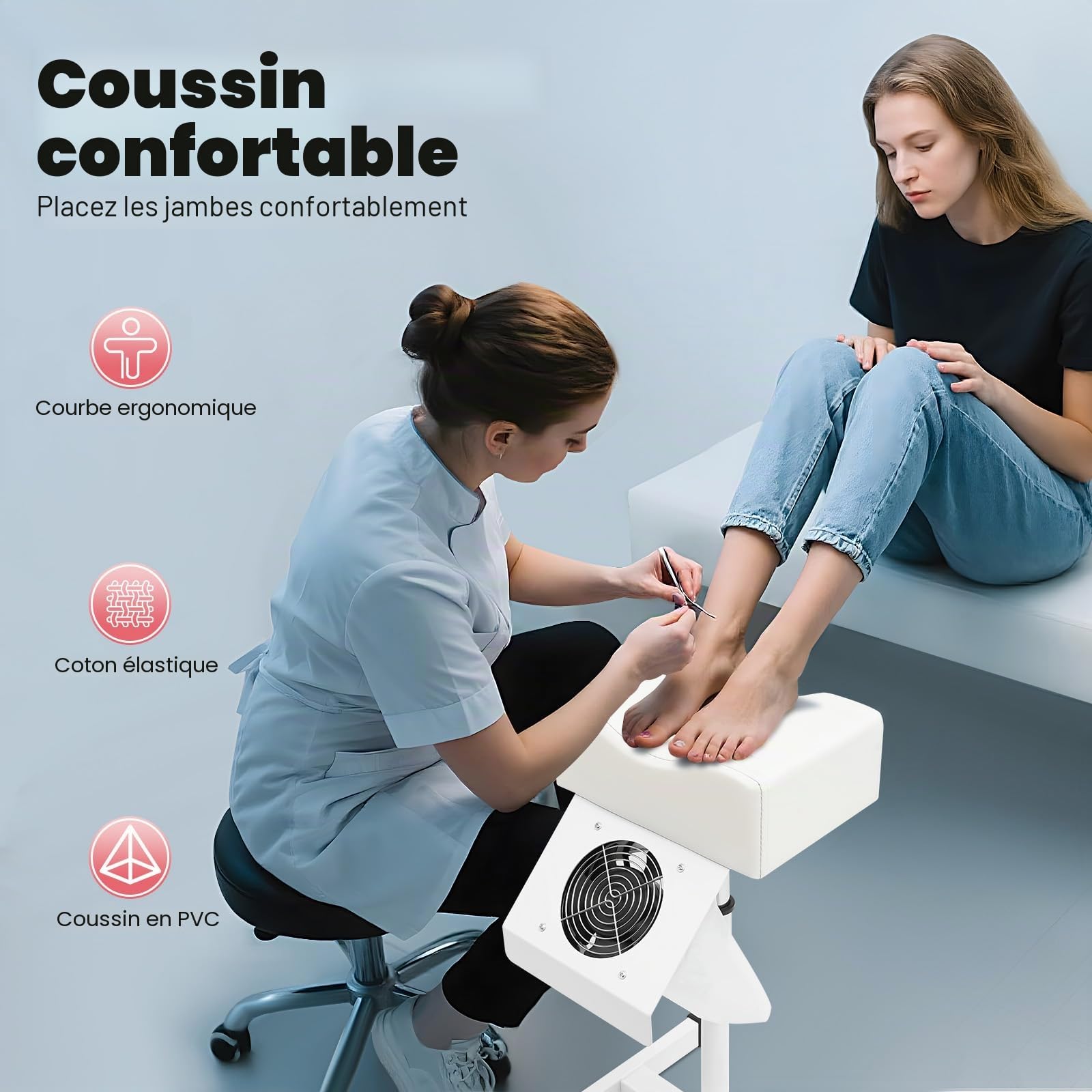 MINRS Tabouret de pédicure mobile avec aspiration hauteur réglable blanc