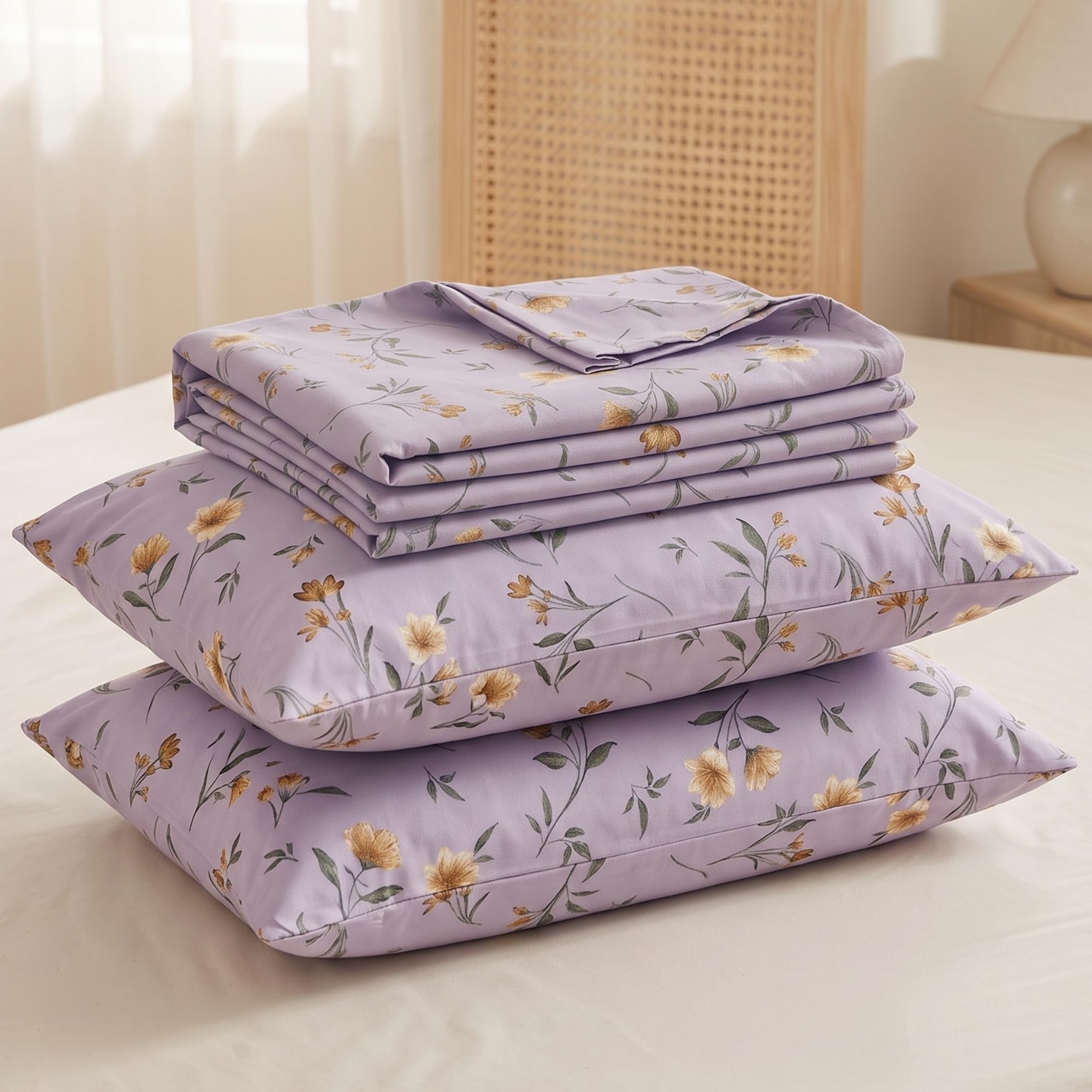 Lilac Floral Queen Size Cotton Bedsheet - FREE SHIPPING -7