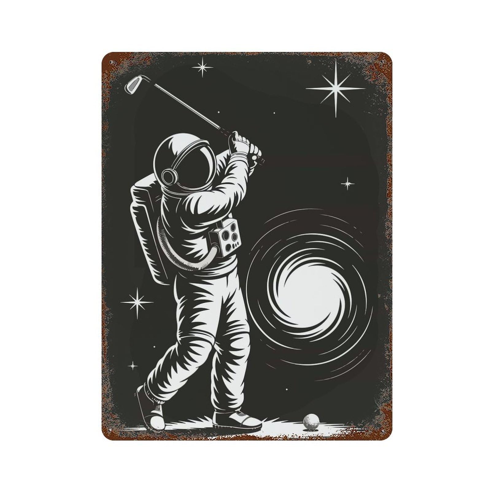 Astronaut Golfing in Space Illustration Rust Effect Tin Sign 15.7"x11.8", Industrial Home Decor for Garage, Pub Or Kitchen