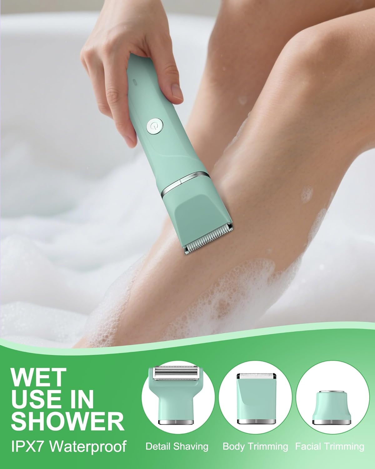 AREYZIN Bikini Trimmer for Women, 3-in-1 Electric Shaver for Women, Electric Razors and Body Shaver, IPX7 Waterproof, USB-C Charging, Travel Trimmer for Face, Legs, Bikini Line & Foil, Light Green