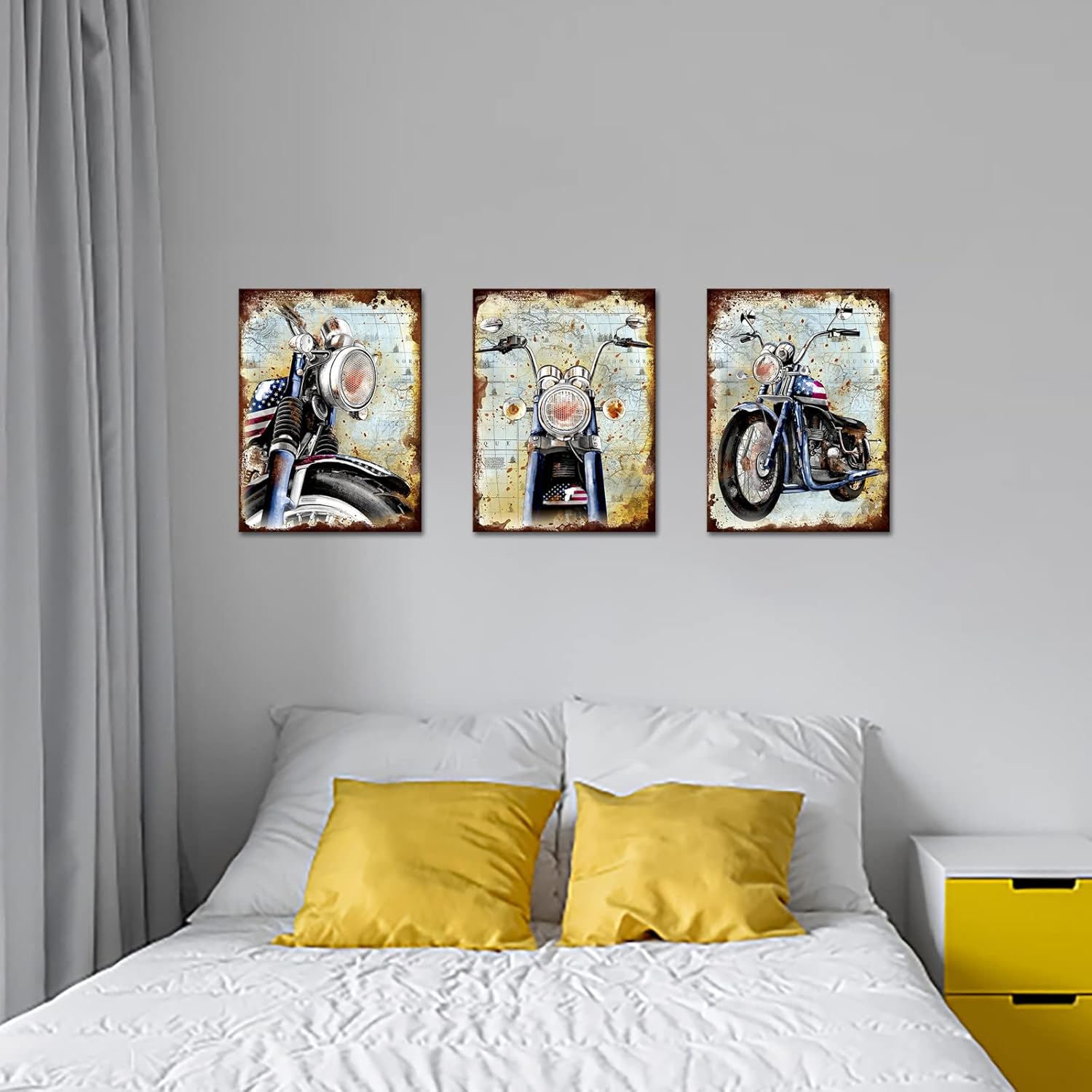KLVOS Modern Motorcycle Canvas Wall Art Vintage Vehicle Pictures Wall Decor American Flag Canvas Prints Artwork Modern Home Office Men Bedroom Boys Room Decor Ready to hang 12x16imx3PCS
