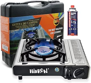 HIBRON Hornillo de Camping Portátil con Maletín – Compacto y Ligero, Compatible con Cartuchos de Gas EN17476/UL147B + 1 Cartucho Incluido