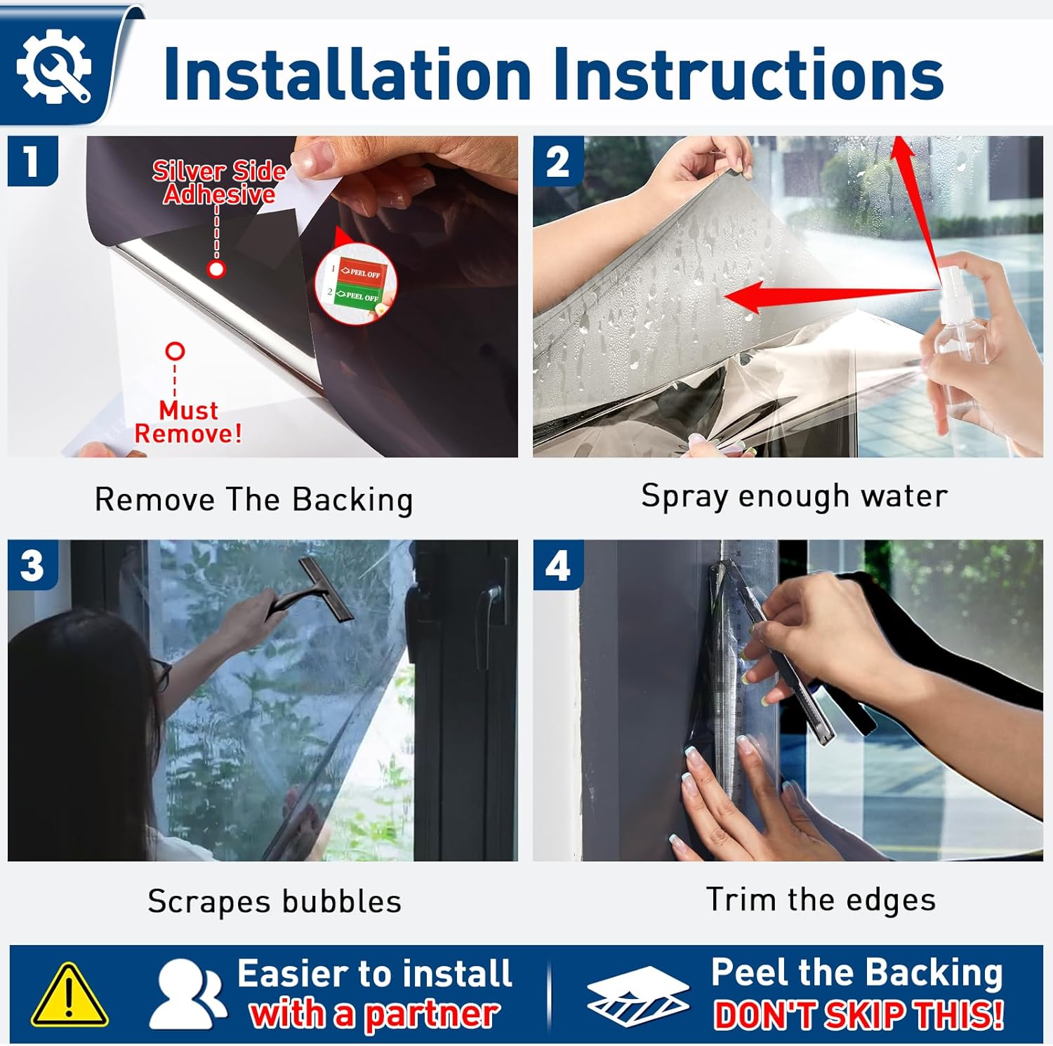 Coavas One Way Privacy Window Film with Tools, Window Tint Adhesive Shatterproof Film for Home, Premium PET Heat Control Daytime Reflective Mirror Coverings, Black, 29.5 x 78.7 Inch