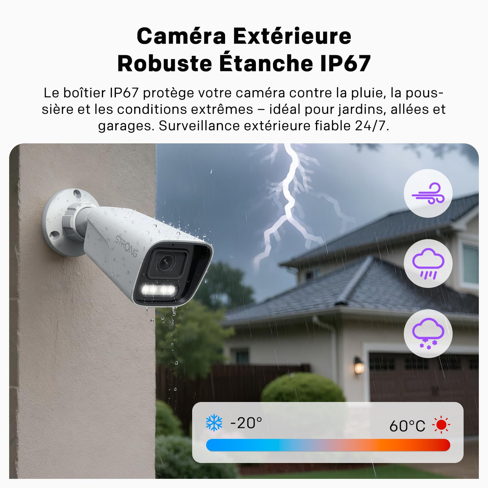 STRONG Caméra Extérieure 3K 5MP, Caméra de Sécurité PoE avec Détection Mouvement & Humaine, Vision Nocturne, Alertes Véhicule, IP67 Étanche, Micro Intégré, Enregistrement NVR/Cloud, Contrôle App