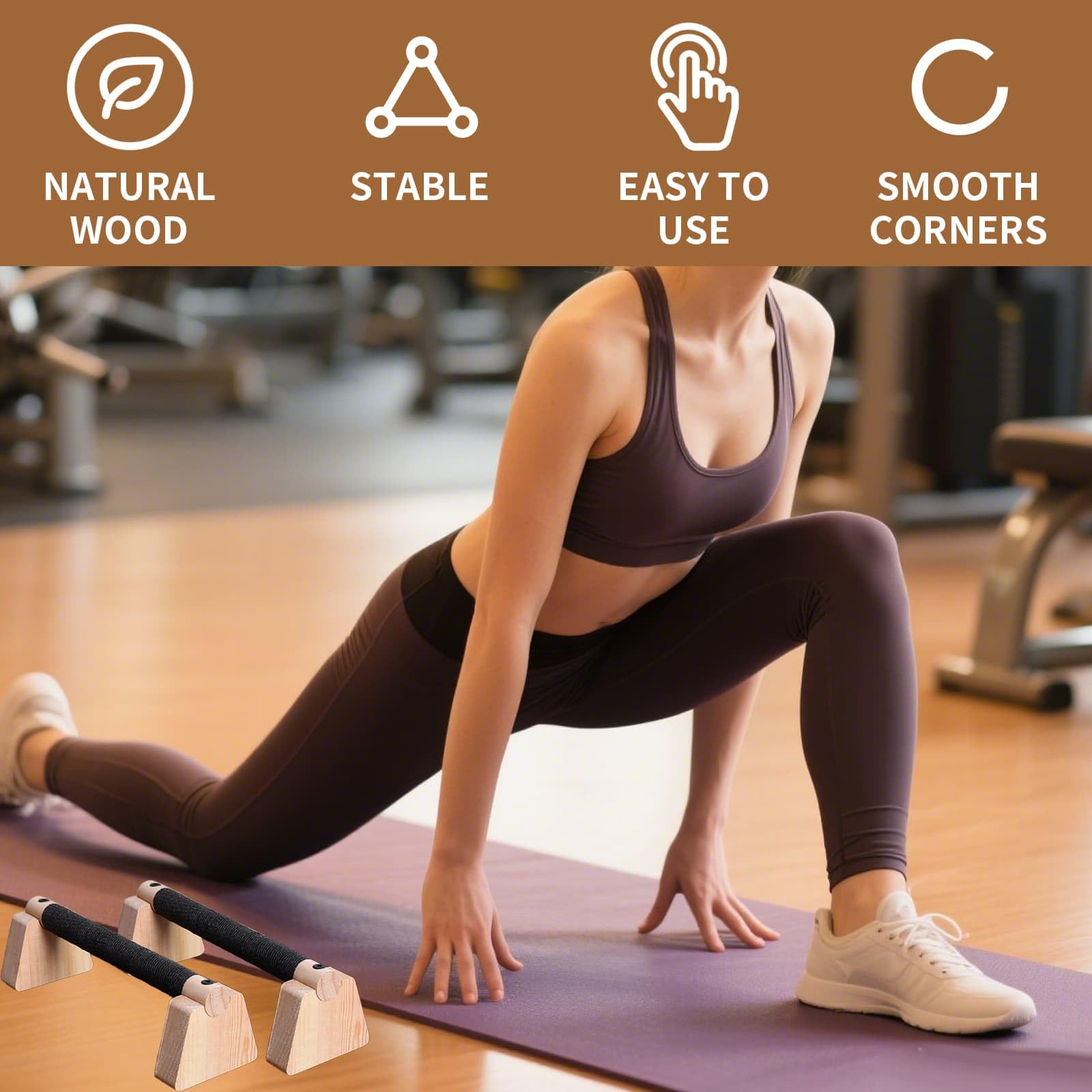 Parallette in legno massiccio per flessioni, barre per calisthenics, piedi in gomma antiscivolo, per esercizi calistenici, attrezzature per fitness, ginnastica