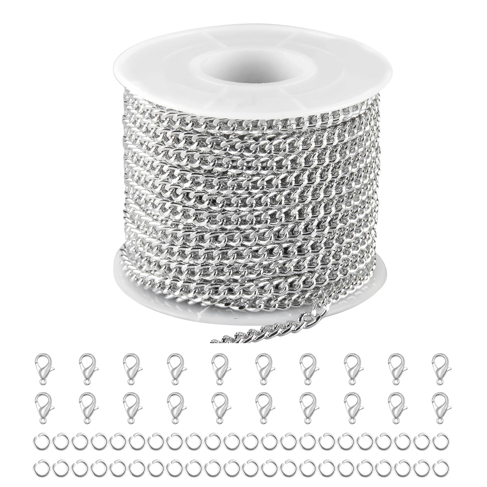 YOUBEIYEE 32.8 Feet Silver Plated Chains for Jewelry Making Cuban Chain Link Aluminum Jewelry Making Chains Bulk