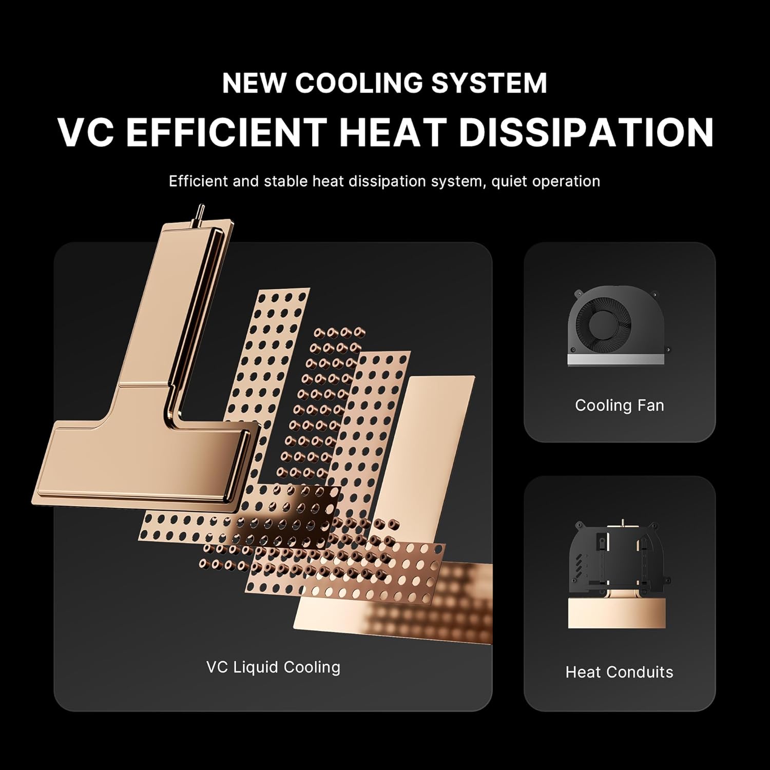 BOSGAME M4 Plus Mini PC with new cooling system featuring VC liquid cooling, cooling fan, and heat conduits