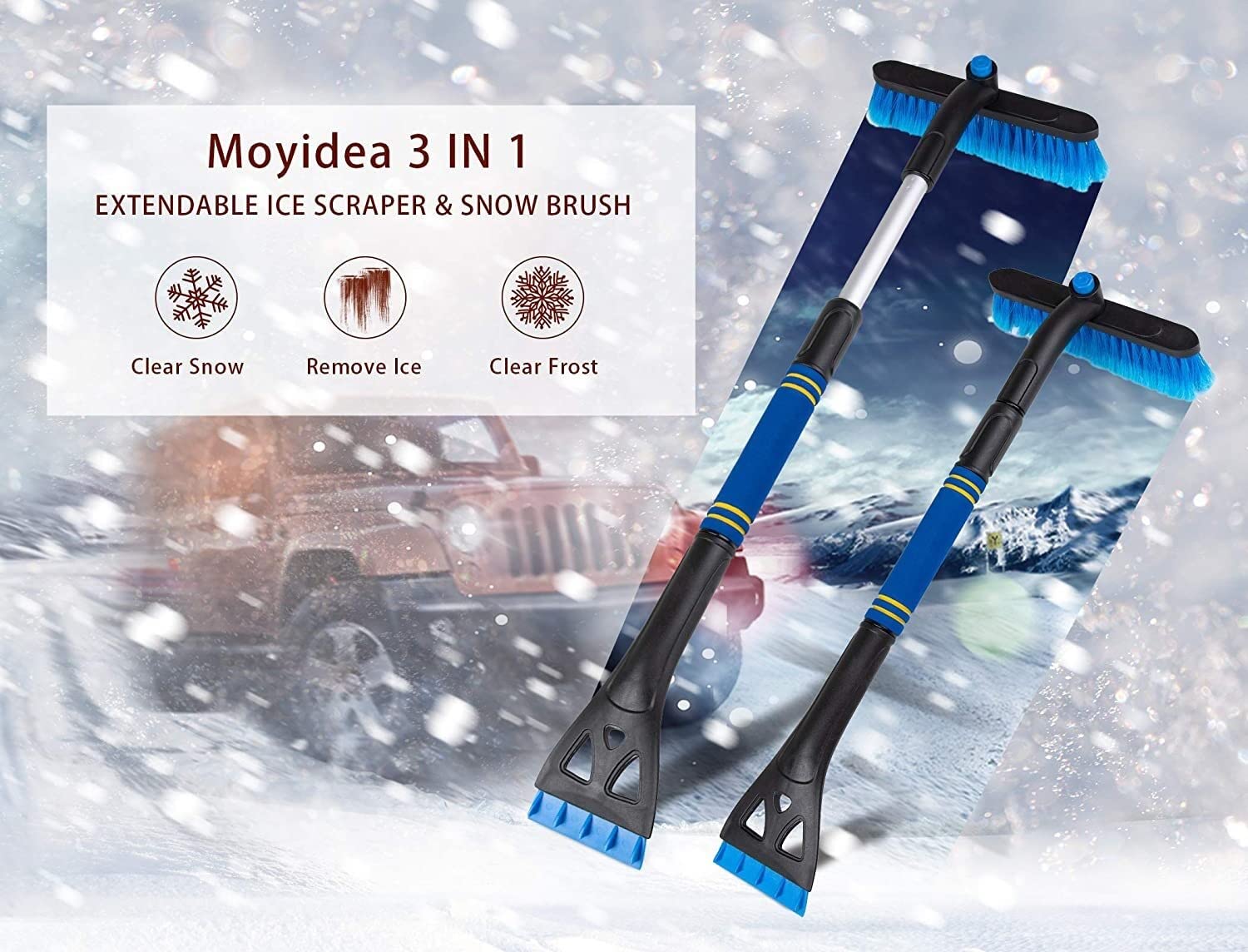 3 W 1 Wysuwane 25.2"do 31.5" Lodowe skrobak szczotka śniegowa Odłączane narzędzie do usuwania śniegu z ergonomiczną pianką przyczepną do samochodu