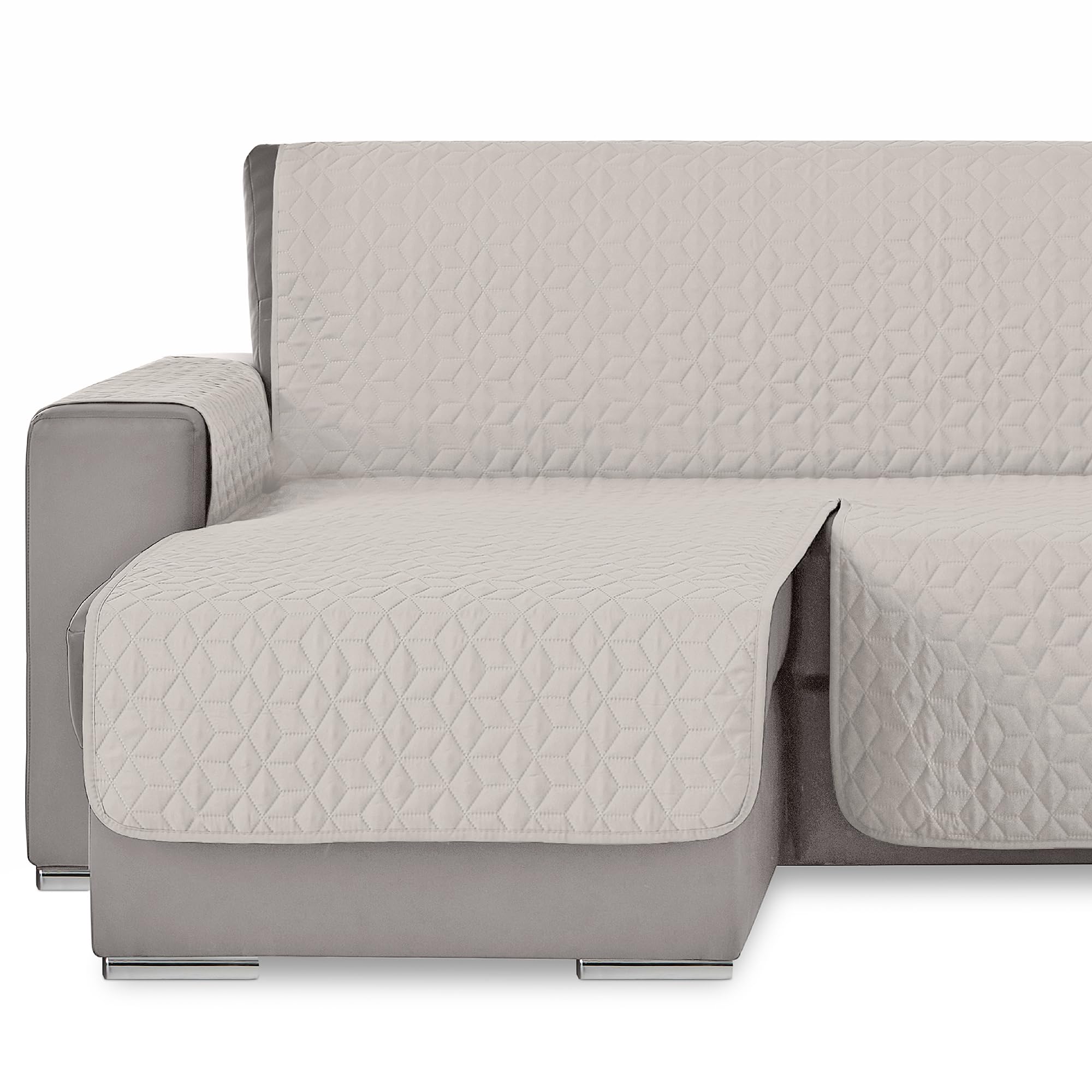 Salva Sofa Chaise Longue. Protector de Sofa Acolchado. Funda Cubre Sofa Mascotas Perros Gatos. Protector Sofa Cuadros.Color Marfil. Lado Izquierdo Visto de Frente 240 cm