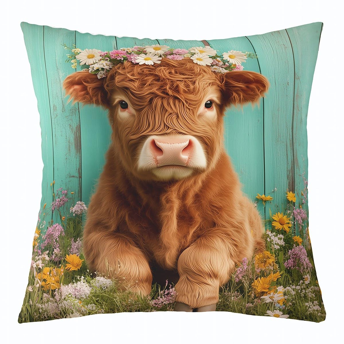 Homemissing Highland Cattle Cushion Covers Set of 1 50x50cm For Kids Boys Girls Teens Highland Cow Pillow Covers Daisy Botanical Floral Printed Pillow Case For Sofa Bed Chair