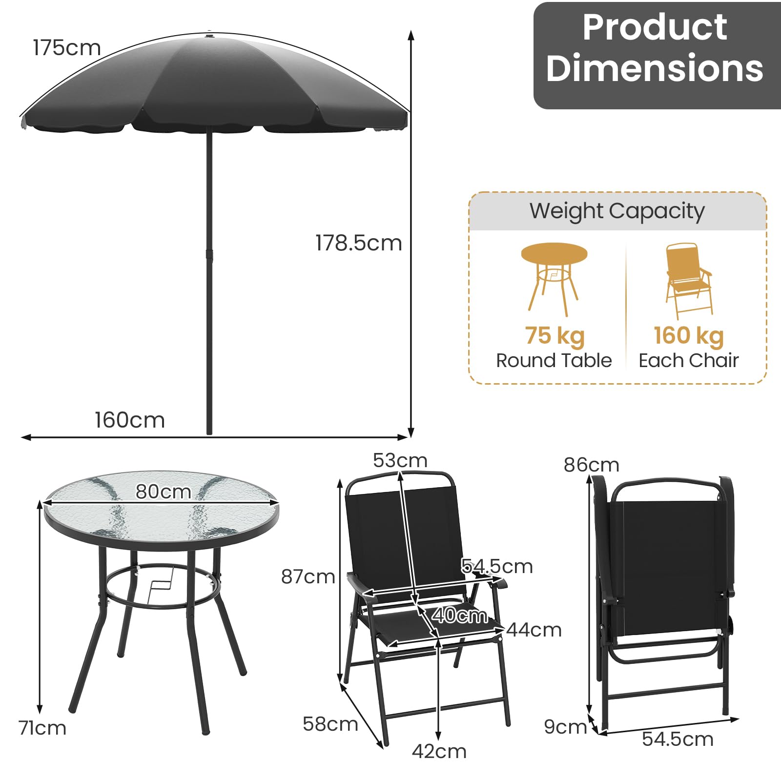 KOMFOTTEU Ensemble de Salon de Jardin 6 Pièces pour 4 Personnes, Set de Meubles de Jardin, avec 4 Fauteuils, 1 Parasol et 1 Table Ronde, Mobilier d’Extérieur, pour Cour, Patio, Noir