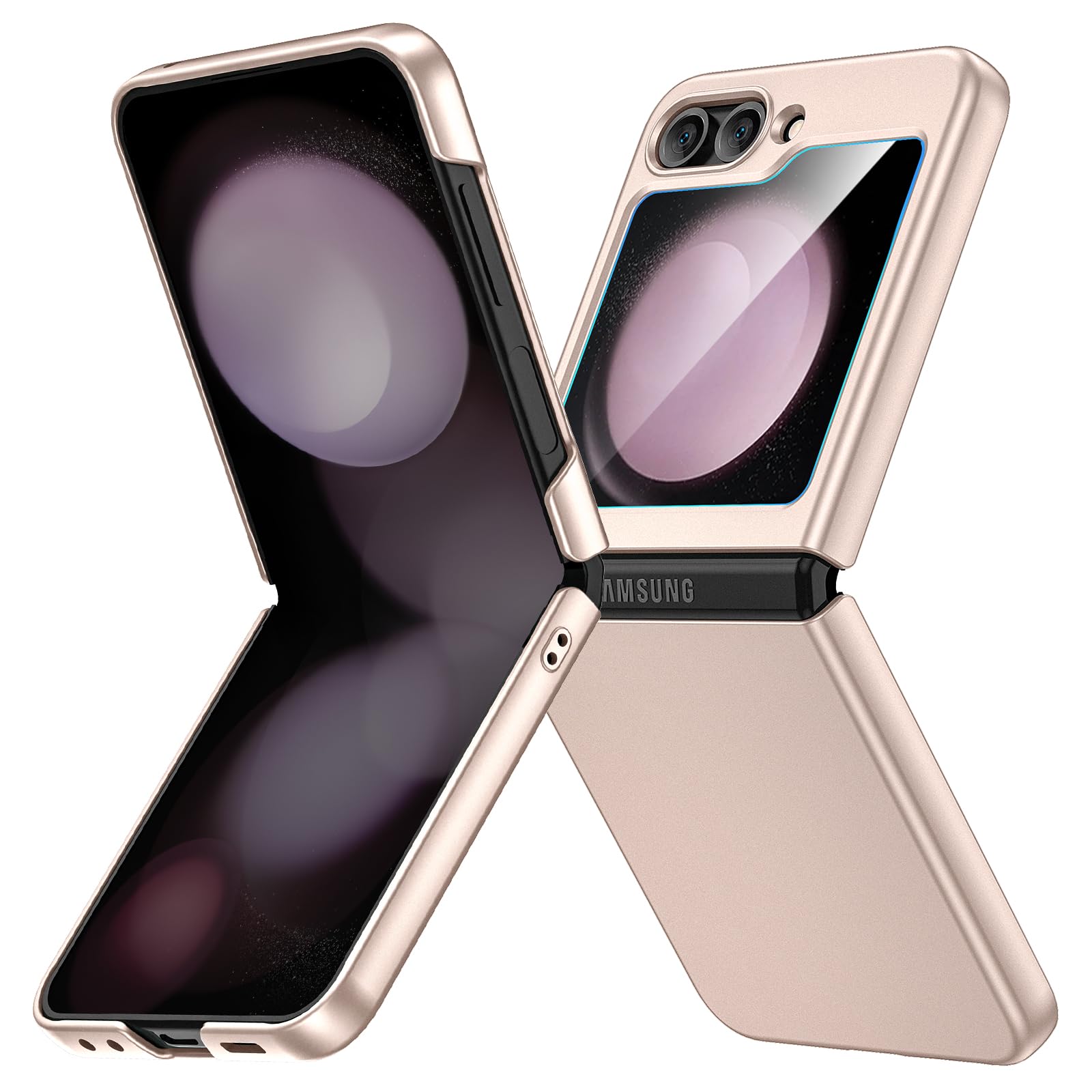 Ruky for Samsung Z Flip 5 Case, with Built-in Screen Protector, Gold | Full Body Hard PC Slim Anti-Scratches Shockproof Wireless Charging Women Girls Phone Case for Samsung Galaxy Z Flip 5, Gold