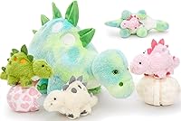 Vista 10 de Animales de peluche de dinosaurio, juguete de peluche para niñas y niños, una mamá dinosaurio con 3 dinosaurios bebés, triceratops, estegosaurio