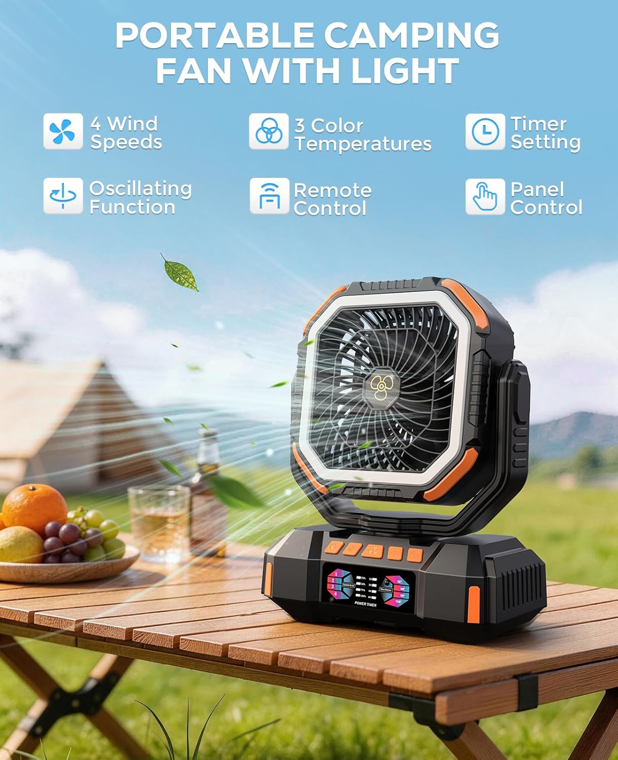 Camping Fan Battery Powered, Rechargeable Camping Fan with Remote & LED Light, 4 Speed Strong Airflow & 3 Colors Light for Desk/Outdoor/Tent/Camping/Fishing,Black