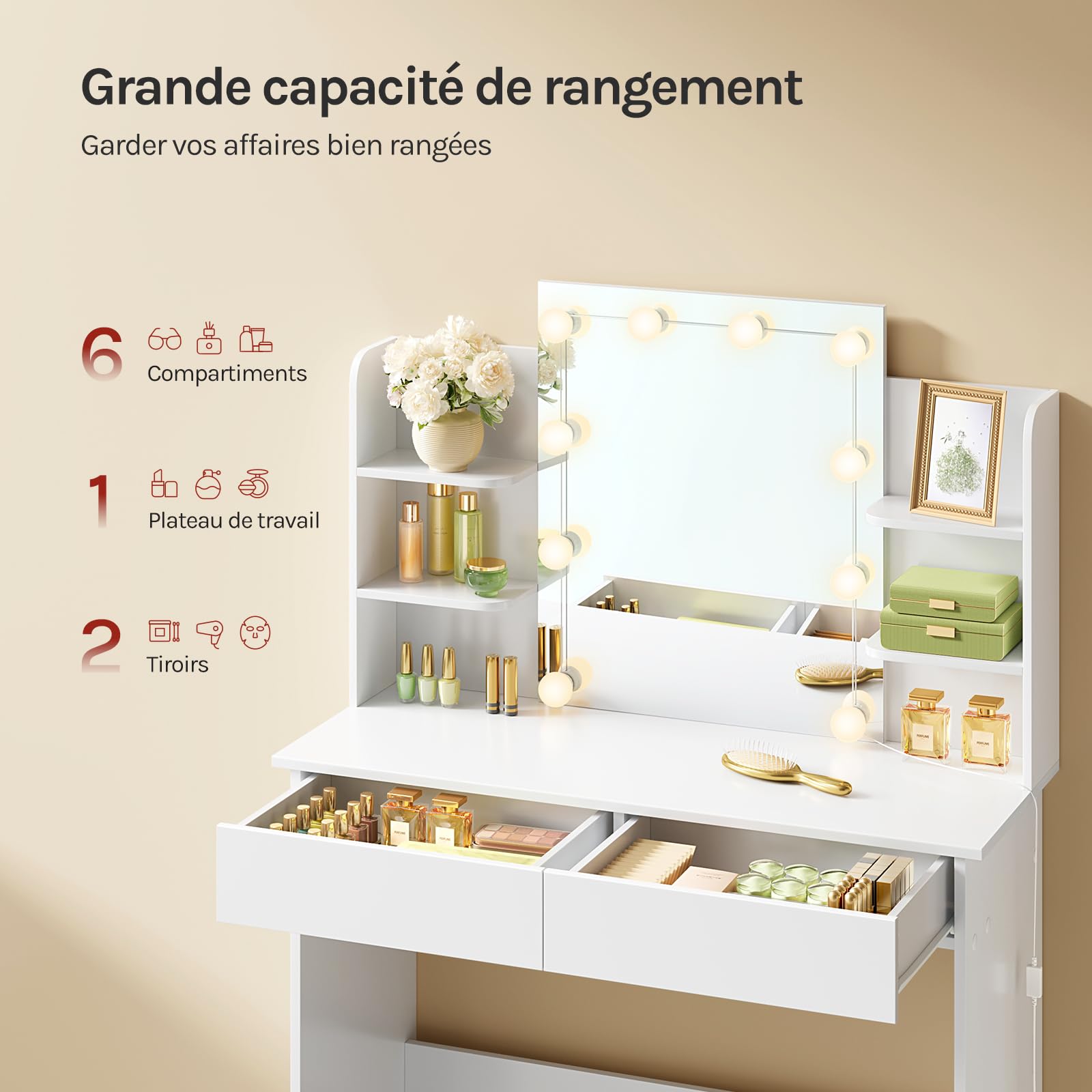 WOLTU Coiffeuse avec Miroir LED à Luminosité Réglable, Coiffeuse avec Rangement, 2 Tiroirs & 4 Étagères, Table de Maquillage Blanche en Bois, Meuble Chambre Style Moderme, Blanc