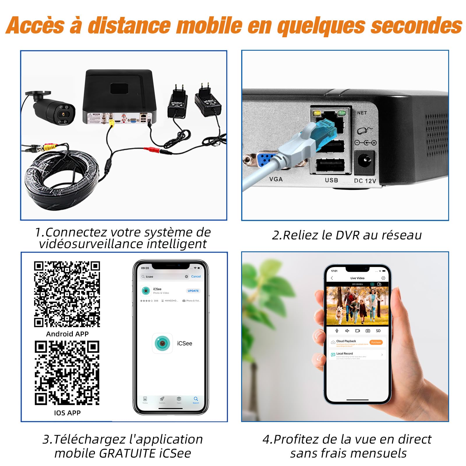 DVR de Surveillance CCTV 4CH avec Disque Dur de 500GBDVR 5MP H.265+ Supporte Caméras AHD/TVI/IP, Surveillance Domicile avec Accès Mobile/PC (P-System)