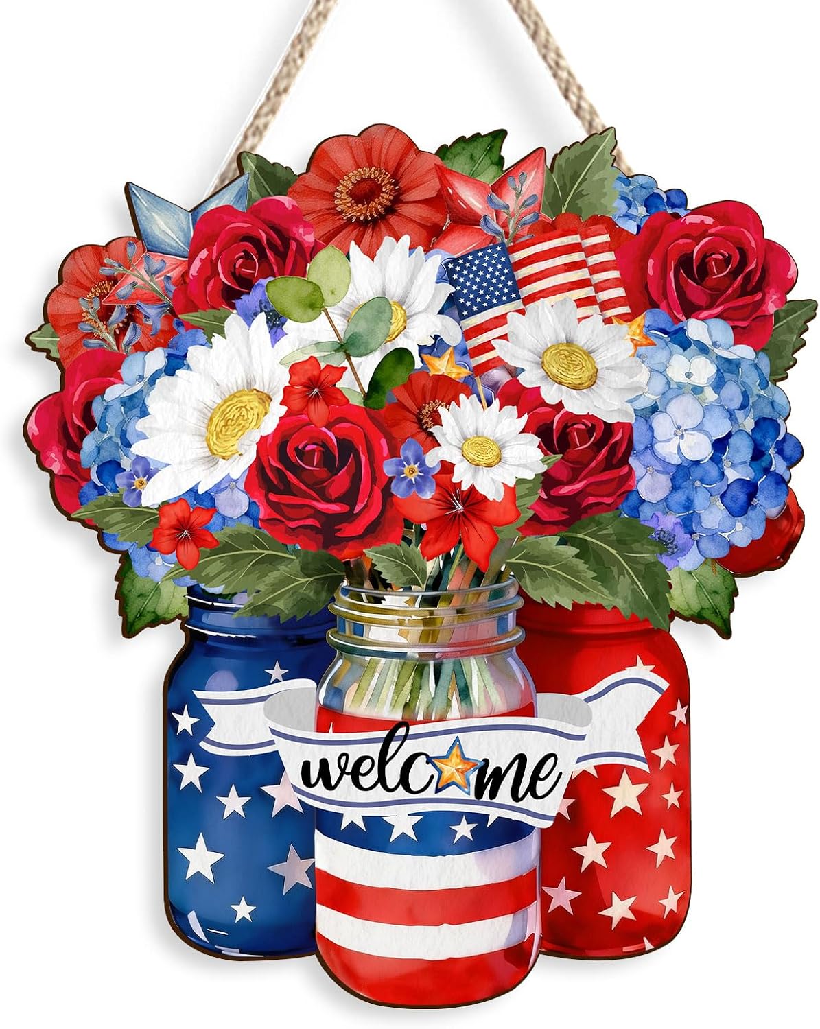 Pigort Wooden 4th of July Decoration Door Wreath – Patriotic Independence Day Wreath with Flowers, Heart-Shaped Welcome Sign (10.2×11.4 in) for Front Door, Wall, Outdoor & Indoor Home Decor