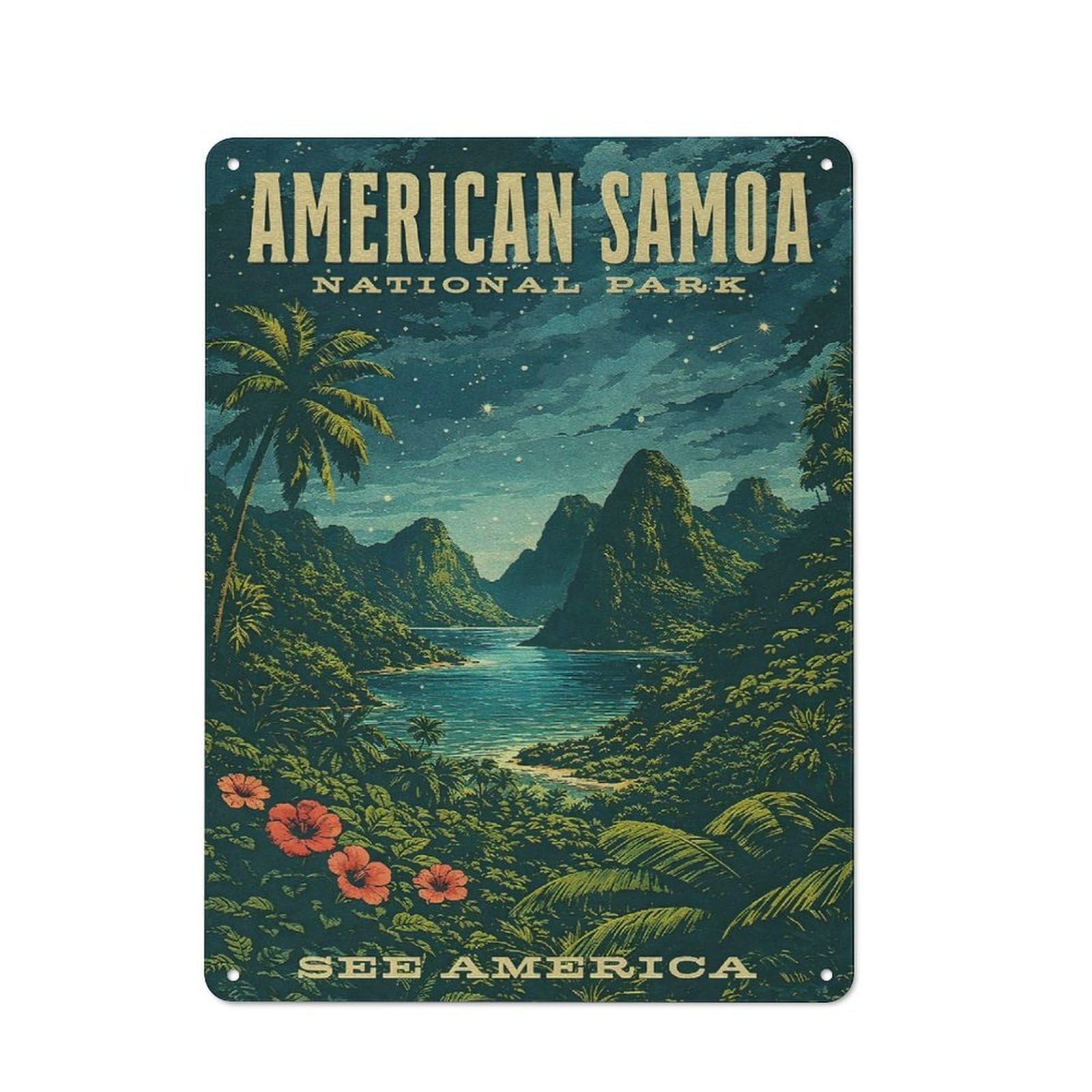 Junmoney Style-17 Decorative Tin Plaque With American Samoa National Park Vintage Design 40X30cm, Nostalgic Home Bar Decor For Bar, Kitchen, Garage Or Games Room
