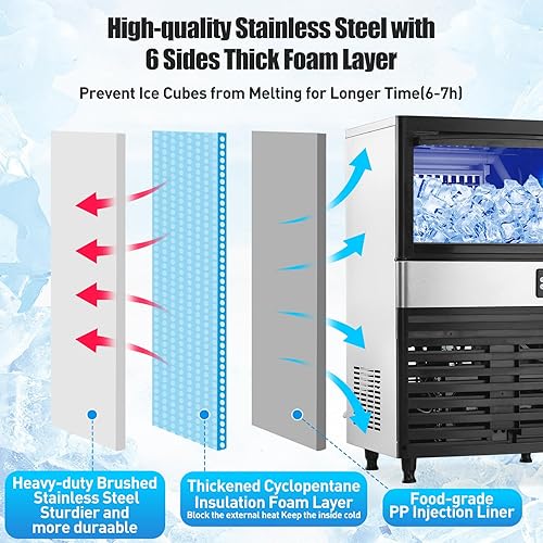 Miniatura 4 de Máquina de hielo comercial de 150 libras24 horas con contenedor de almacenamiento de 27 libras, acero inoxidable debajo de la encimeramáquinas de