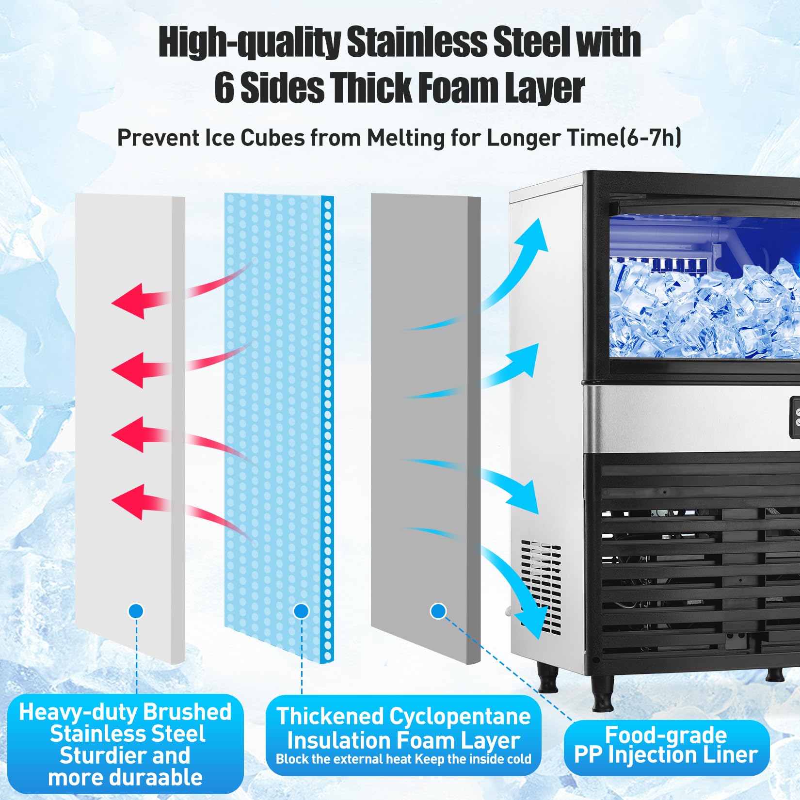 Commercial Ice Maker Machine, 150lbs/24h Stainless Steel Under Counter Ice Machine With 30lbs Ice Storage Capacity, Freestanding Ice Maker For Home Bar Outdoor on Fridge.com - View 5