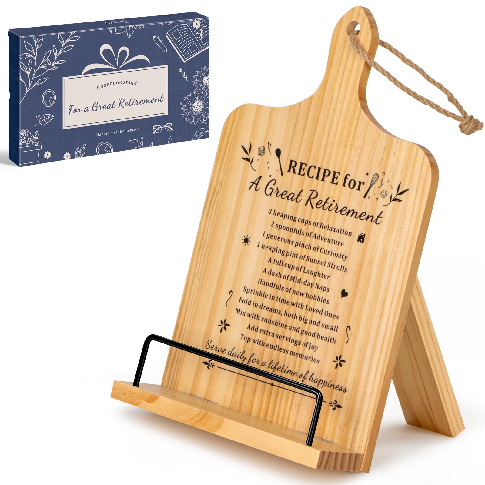 PUERSI Cookbook Stand, Retirement Gift for Woman Wooden Recipe Book Holder, Happy Retirement Gifts Ideas
