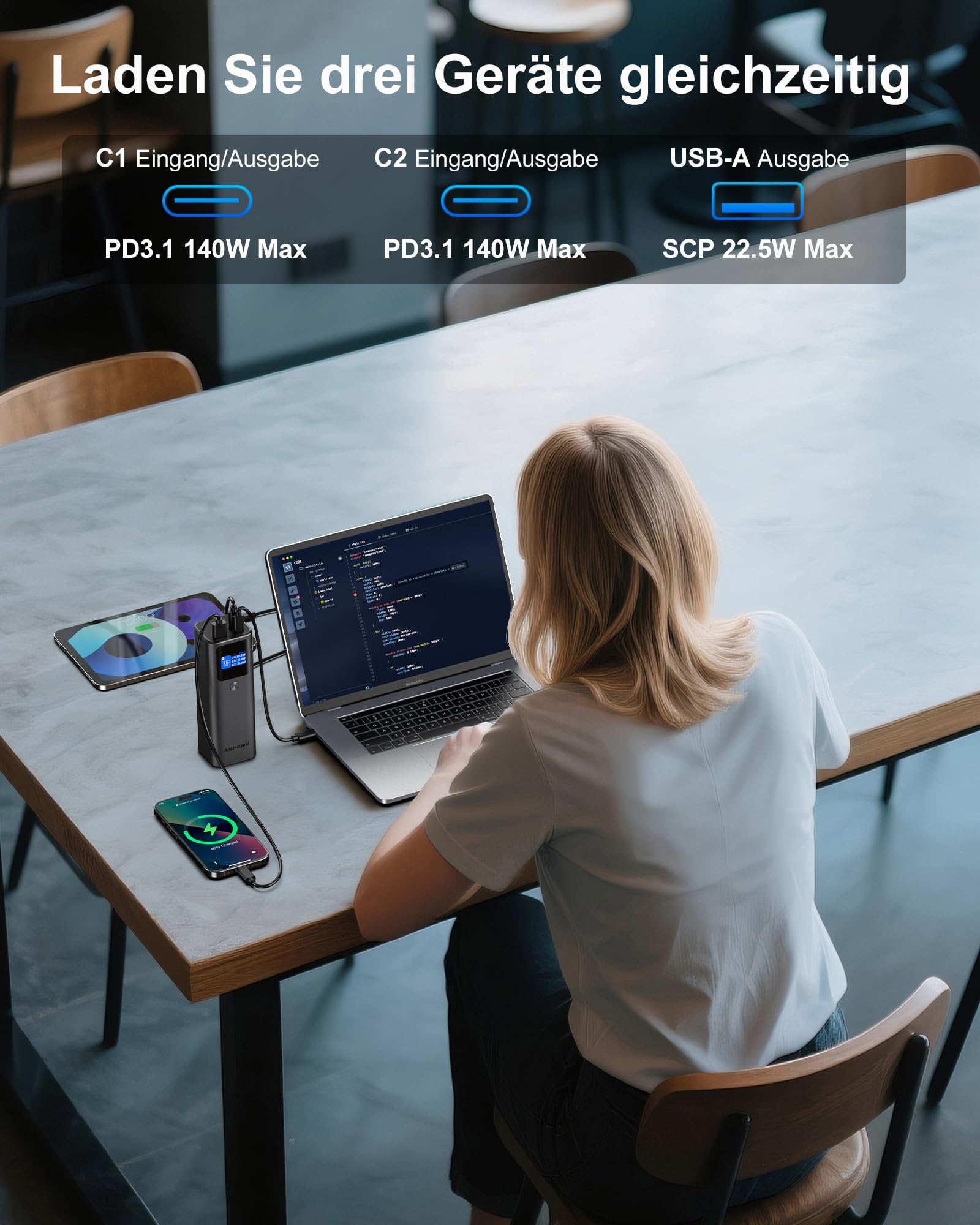 AsperX 140W 27600mAh Powerbank Laptop USB C Schnellladung | Tragbar Alu Legierung Power Bank mit TFT Display,Akkupack für iPhone17/16/15,Galaxy,MacBook