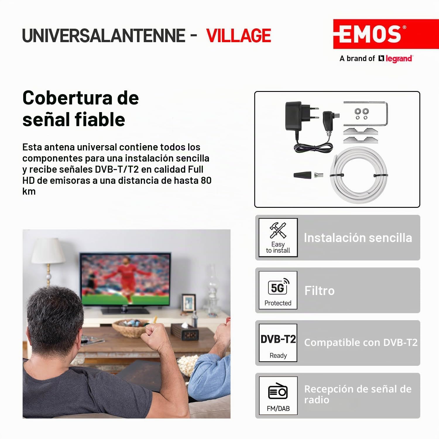 EMOS Antena Exterior DVB-T2 con Amplificador, Antena Exterior Activa para máxima Intensidad de señal, Filtro LTE Integrado y 5G, para recepción remota 0-100 km, conexión a DVB-T, Receptor DVBT-2 y TV