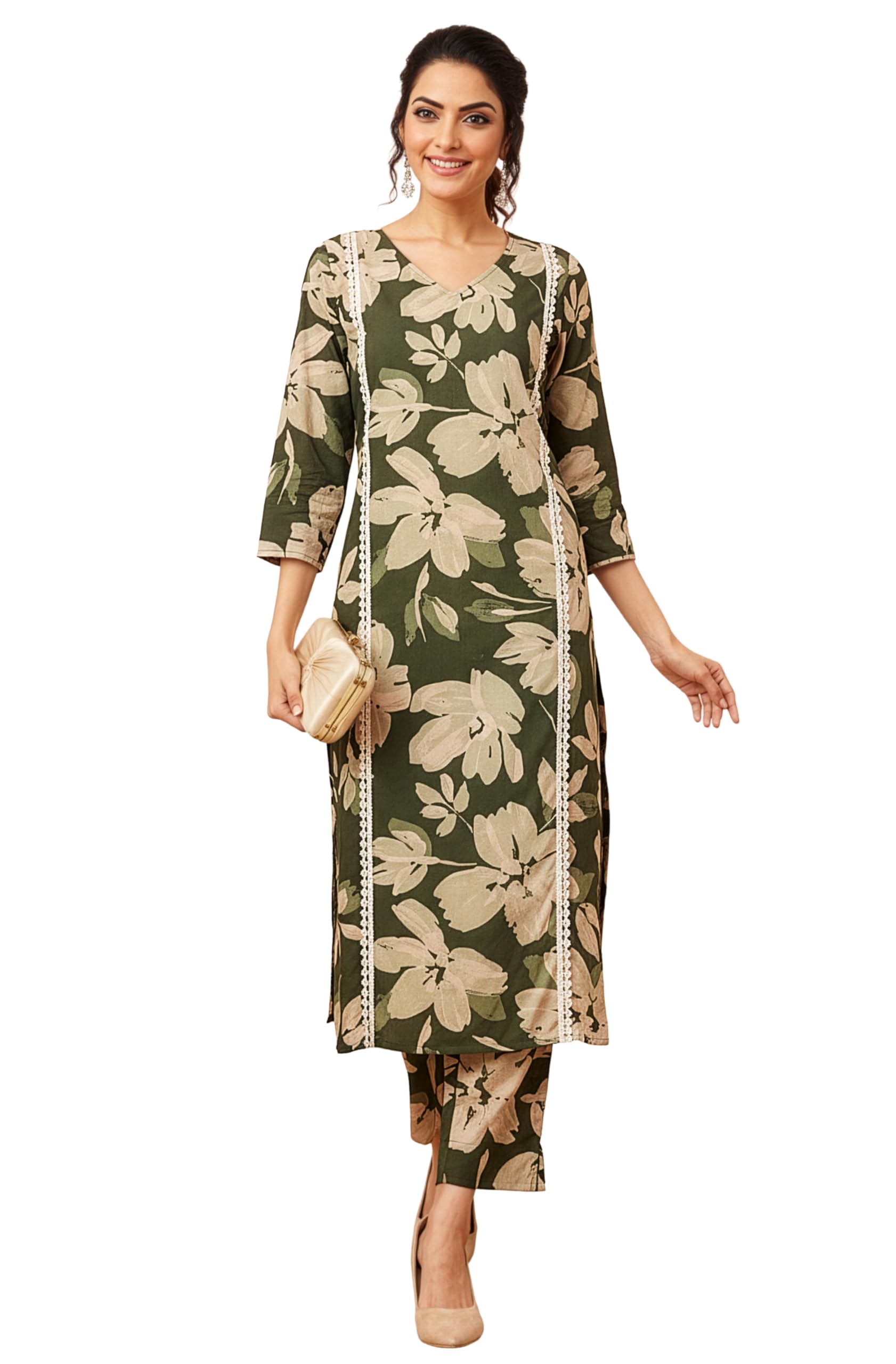 Janasya Women's Olive Pure Cotton Floral Printed Straight Kurta Pant Set