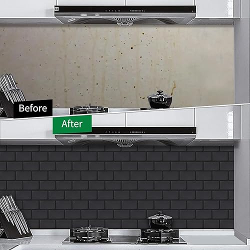 Miniatura 7 de WalDecoo - Azulejos de pared de metro negro mate para cocina, 10 hojas adhesivas en muro para baño, protector contra salpicaduras de cocina grandes