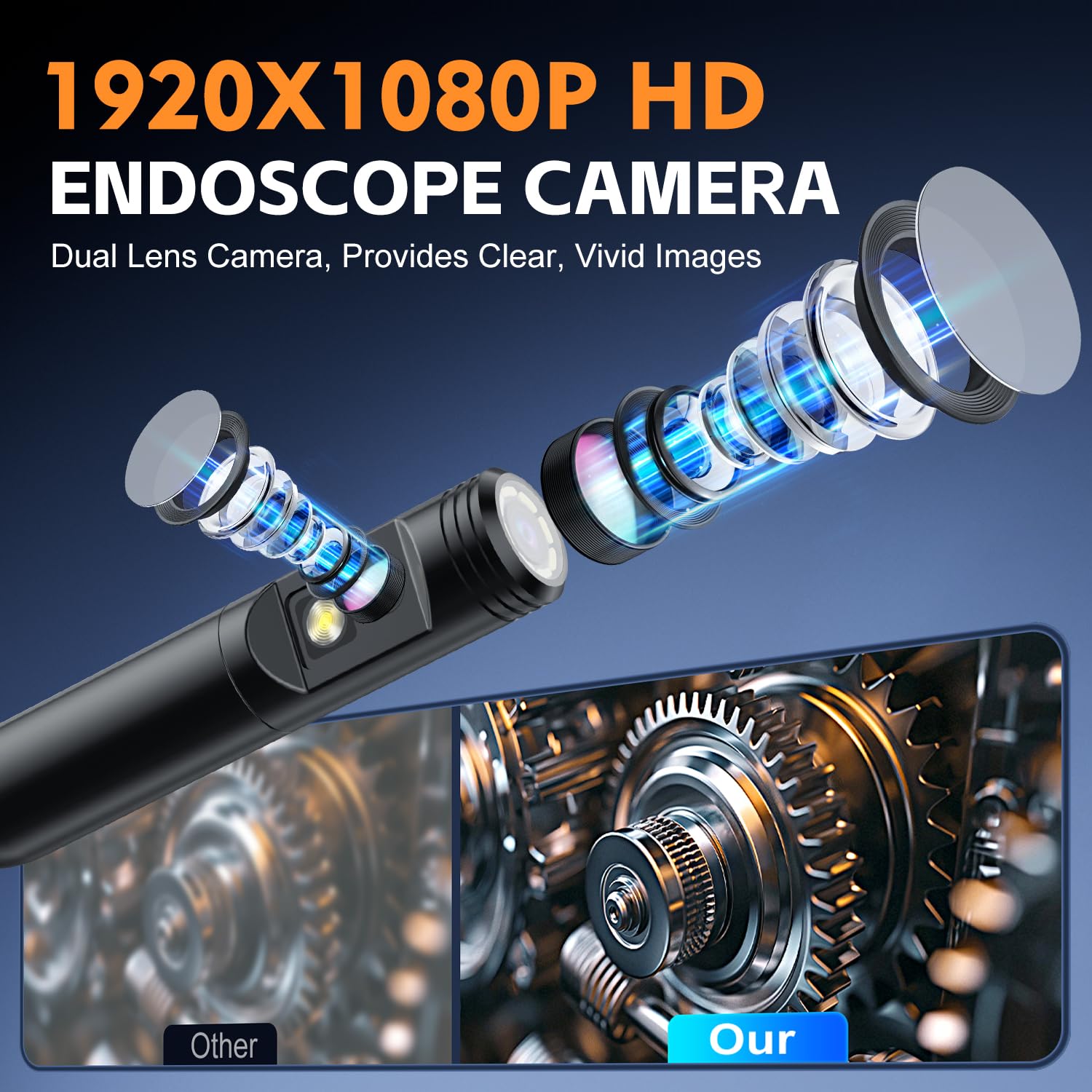 Telecamera endoscopica a doppia lente con luce, 1920P HD periscopio con LCD da 4,3", 8 LED regolabili, cavo semirigido da 16,4 m e scheda da 32 GB, periscopio ispezione impermeabile IP67 per