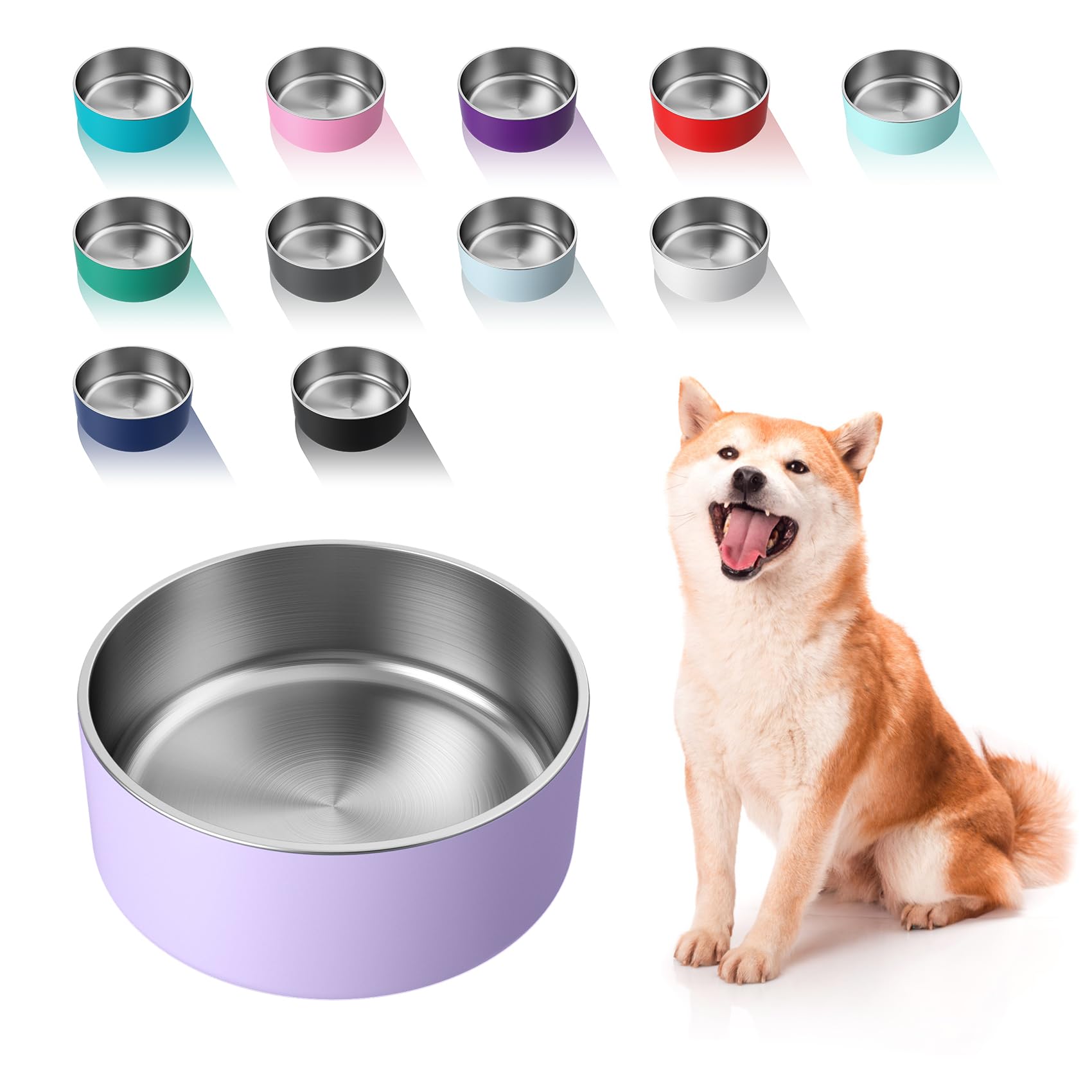 WENBOKMIN Dog Bowl, Stainless Steel Dog Food and Water Bowl with Non Slip Quiet Bottom, Easy to Clean, Dishwasher Safe, 64oz, Light Purple