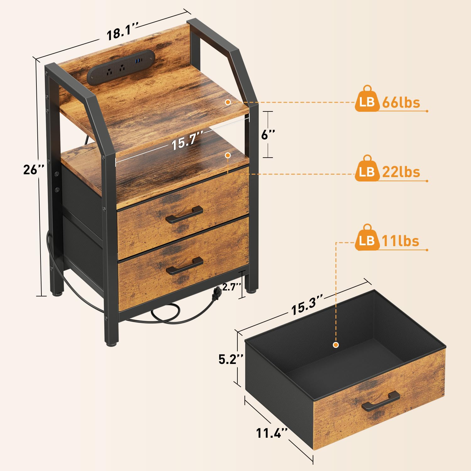 HLDIRECT Comodino con stazione di ricarica, porte USB e prese AC, comodino a LED con 2 cassetti in tessuto e ripiano portaoggetti, comodino per camera da letto, tavolino per soggiorno (marrone rustico