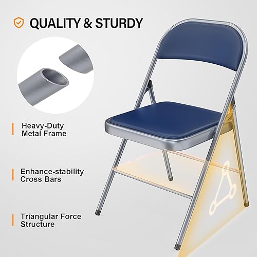 Miniatura 4 de VINGLI Paquete de 2 sillas plegables con asientos acolchados, marco de metal con asiento y respaldo de cuero PU, capacidad de 350 libras, juego de