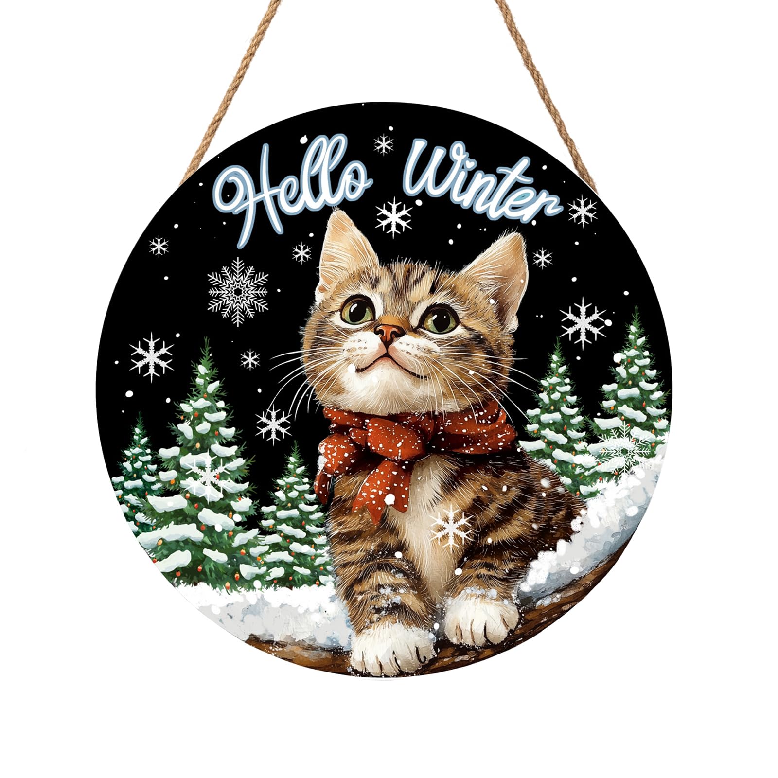 Hello Winter Cat Front Door Sign Winter Kitty Kitten Pine Tree Round Wood Sign 12x12in Winter Decorations Cat door hanger Christmas Winter Wreath Wall Hanging Welcome Sign for Outdoor Outside Porch