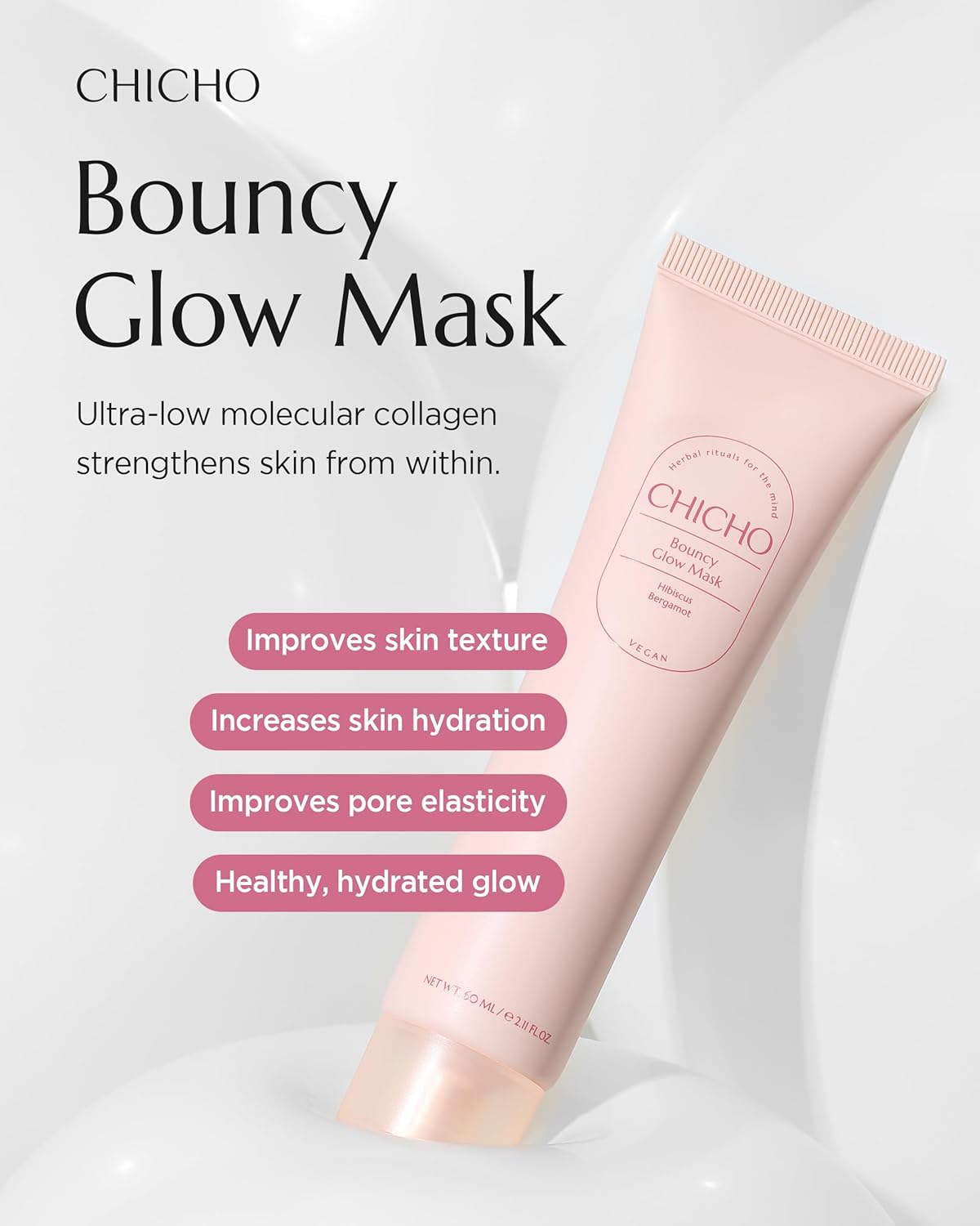 CHICHO Bouncy Glow Overnight Wrapping Peel-Off Mask (2.03 oz) – Vegan 300Da Hibiscus Collagen Film Mask for Glass Skin & Elasticity, Korean Sleeping Face Pack, Sensitive Skin