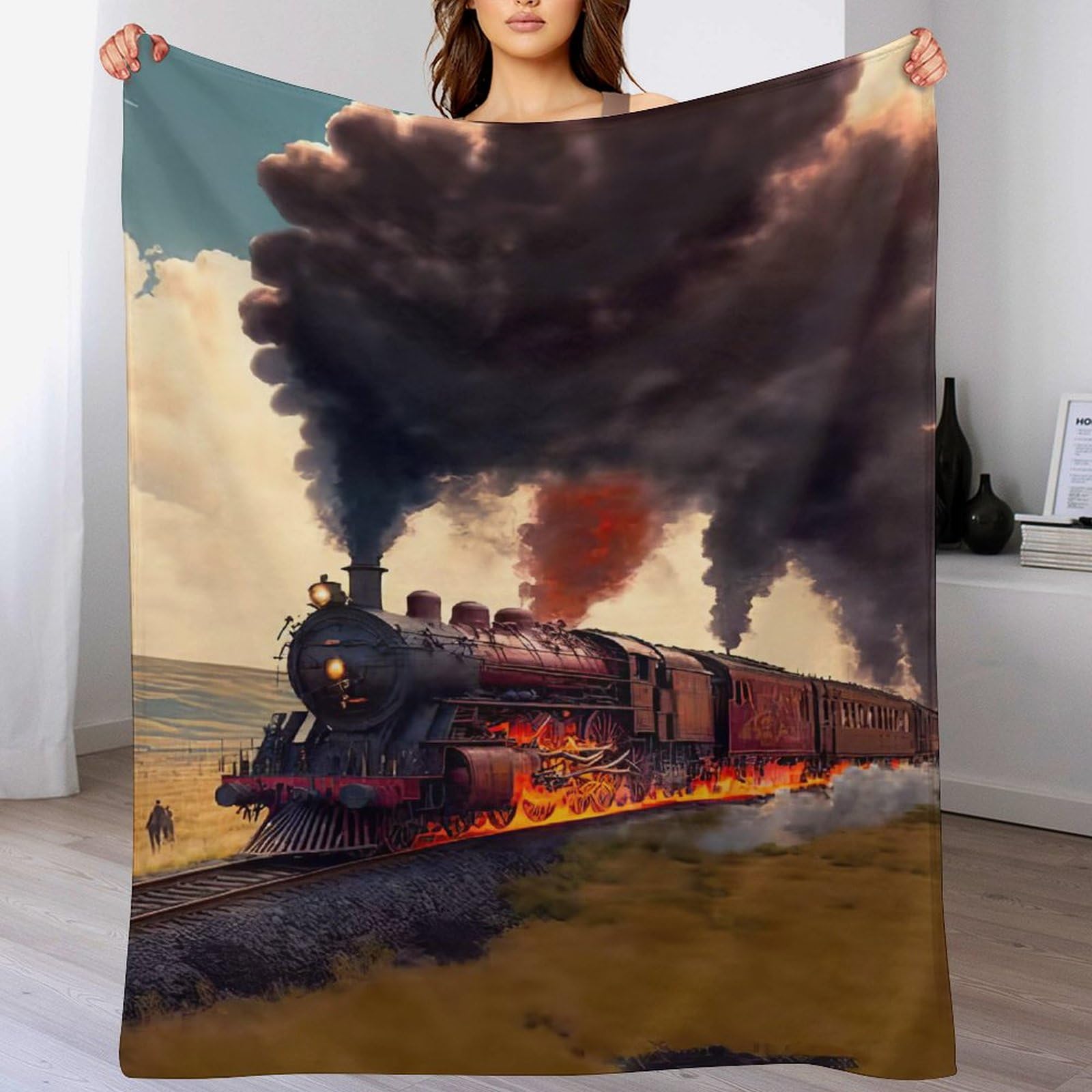 Couverture polaire train à vapeur idée cadeau originale flanelle douce
