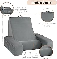 Vista 6 de ENITYA Almohada de apoyo de espalda de 19 pulgadas, almohada de lectura con brazos y bolsillos grandes integrados, funda extraíble lavable, cuña Gris